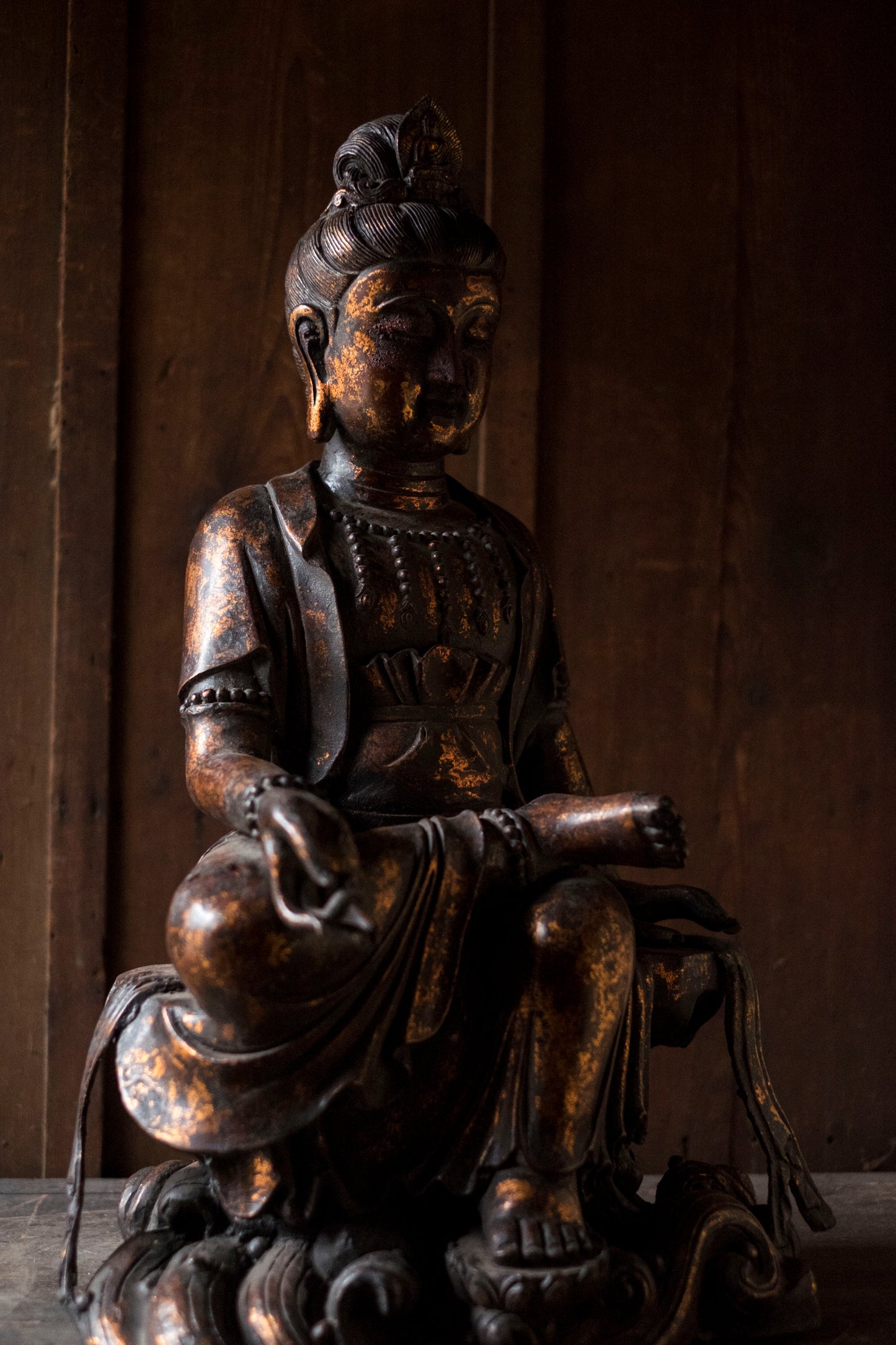 Large Oriental / Tibetan Chinese Seating Bodhisattva Buddha Buddhism Arts Kannon Kwan Guan Quan Yin Goddess Zen Gilt-Copper Statue Okimono