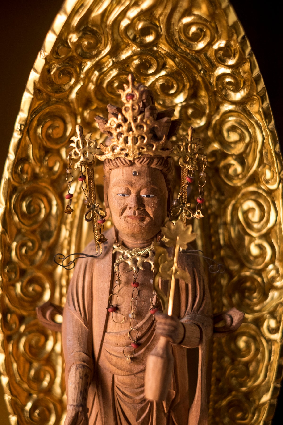 Vintage Japanese Kannon Zushi Shrine Large Gilt Wood Buddhist Altar Cabinet Kannon Bosatsu Lotus Mandorla Statue