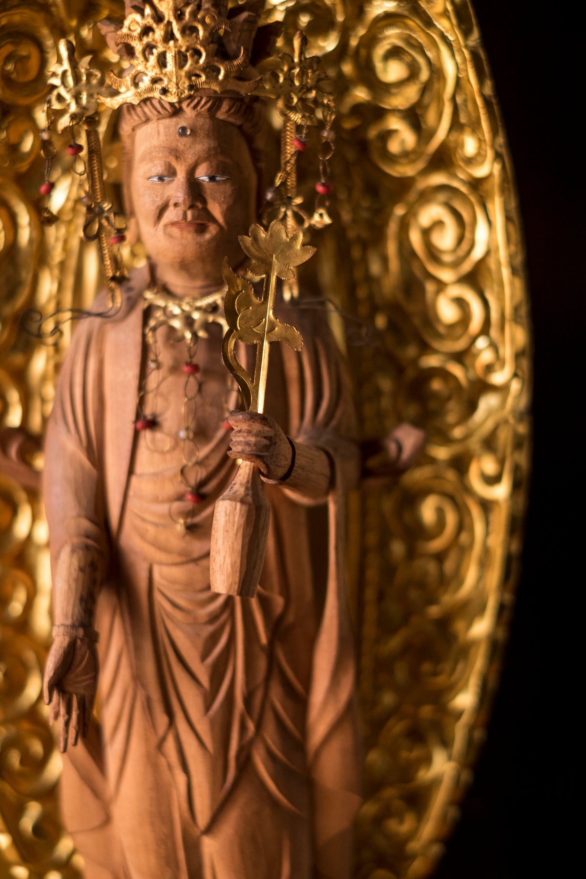 Vintage Japanese Kannon Zushi Shrine Large Gilt Wood Buddhist Altar Cabinet Kannon Bosatsu Lotus Mandorla Statue
