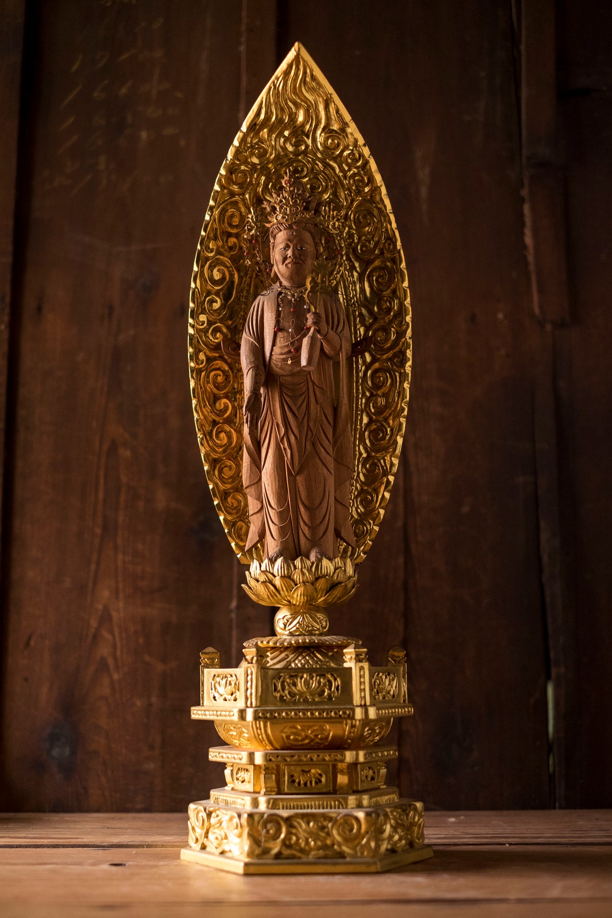 Vintage Japanese Kannon Zushi Shrine Large Gilt Wood Buddhist Altar Cabinet Kannon Bosatsu Lotus Mandorla Statue