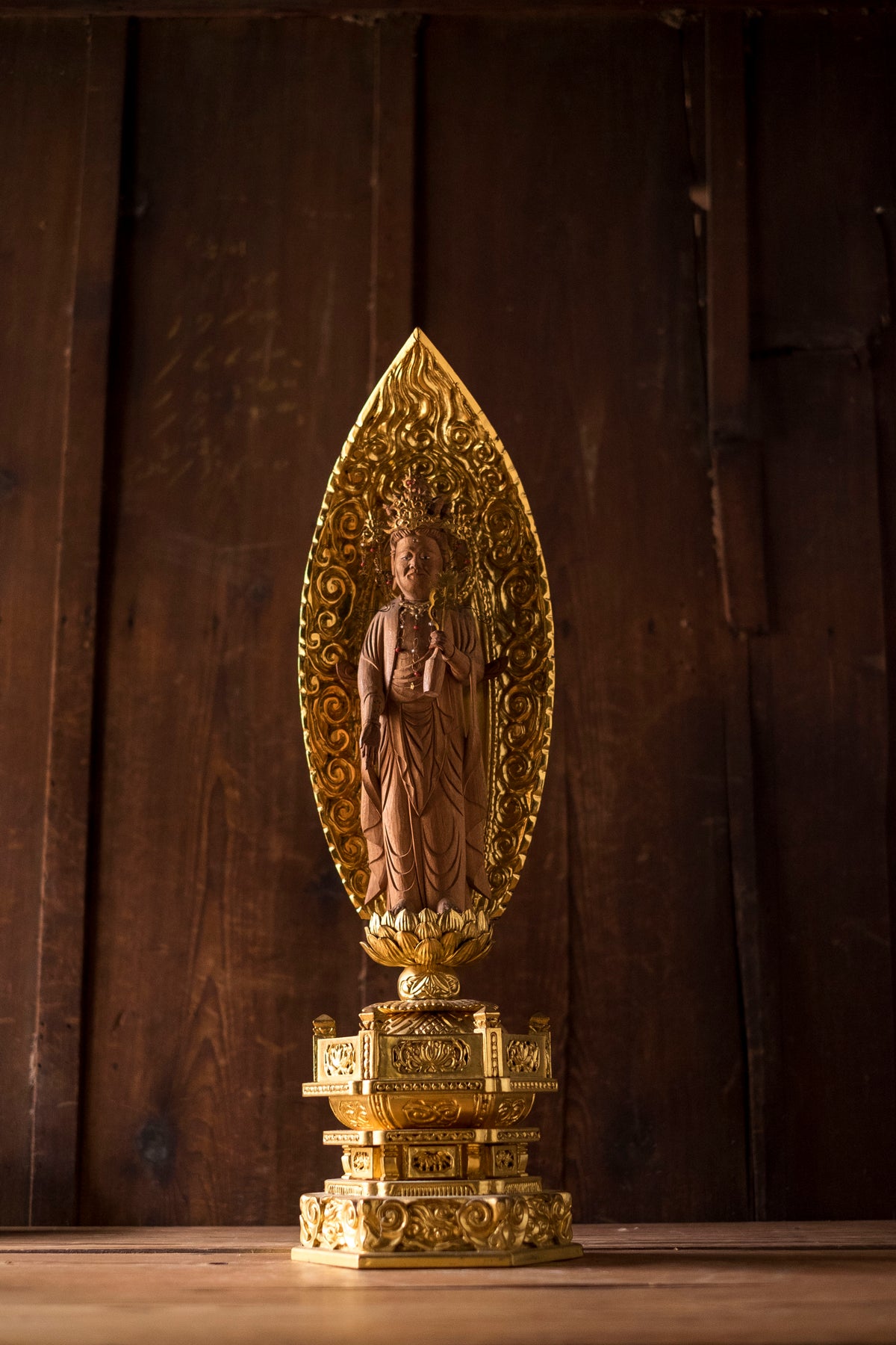 Vintage Japanese Kannon Zushi Shrine Large Gilt Wood Buddhist Altar Cabinet Kannon Bosatsu Lotus Mandorla Statue