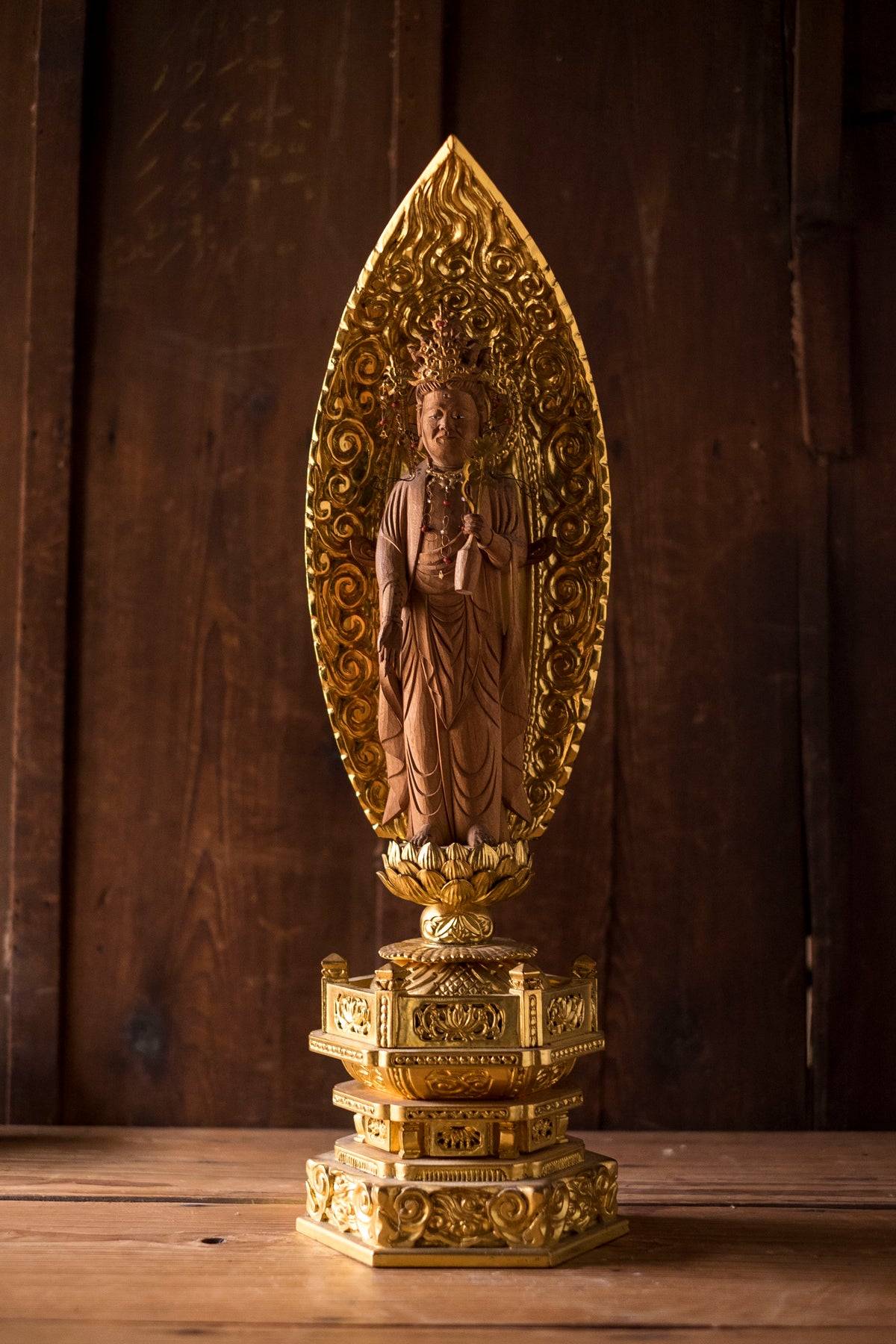 Vintage Japanese Kannon Zushi Shrine Large Gilt Wood Buddhist Altar Cabinet Kannon Bosatsu Lotus Mandorla Statue