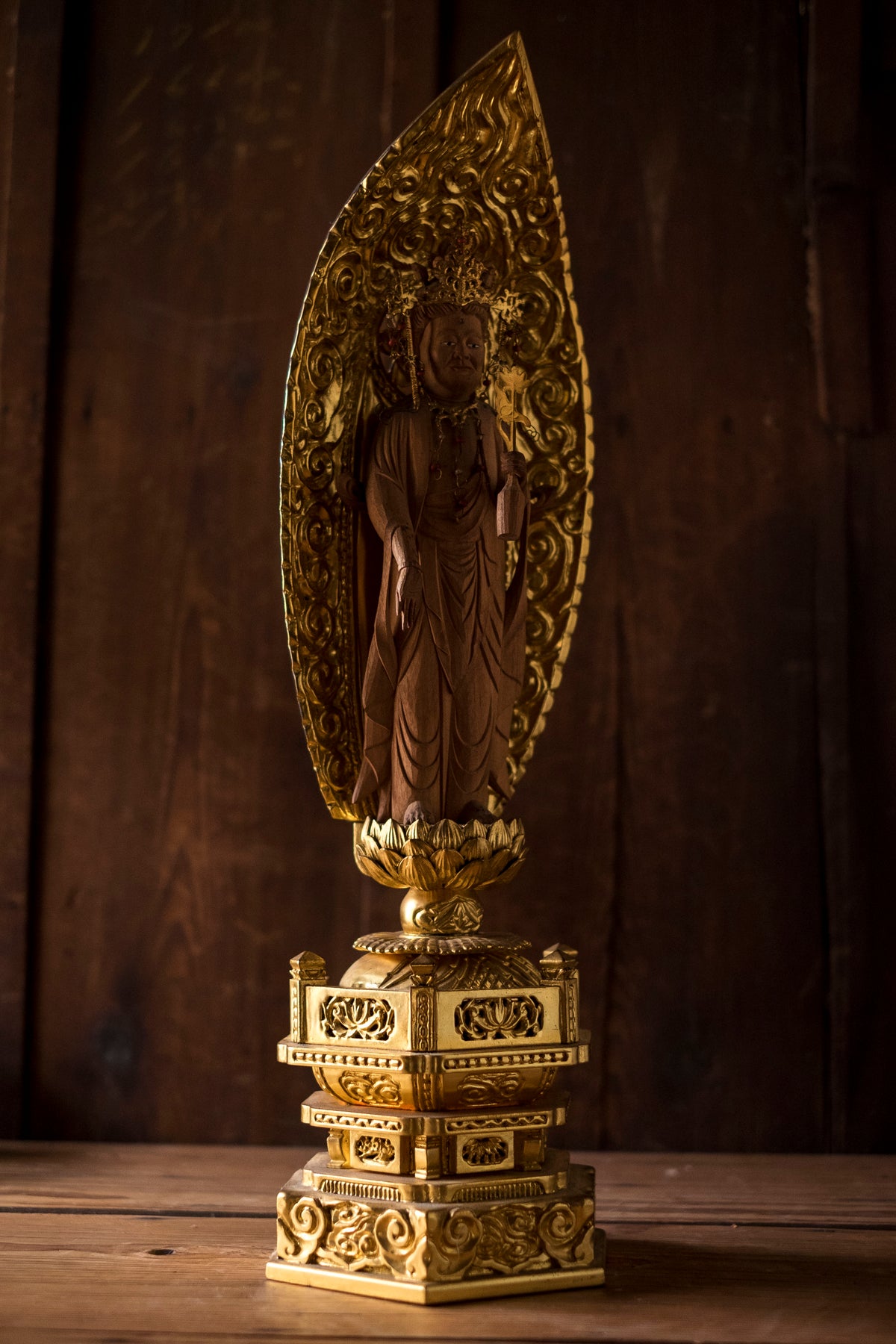 Vintage Japanese Kannon Zushi Shrine Large Gilt Wood Buddhist Altar Cabinet Kannon Bosatsu Lotus Mandorla Statue