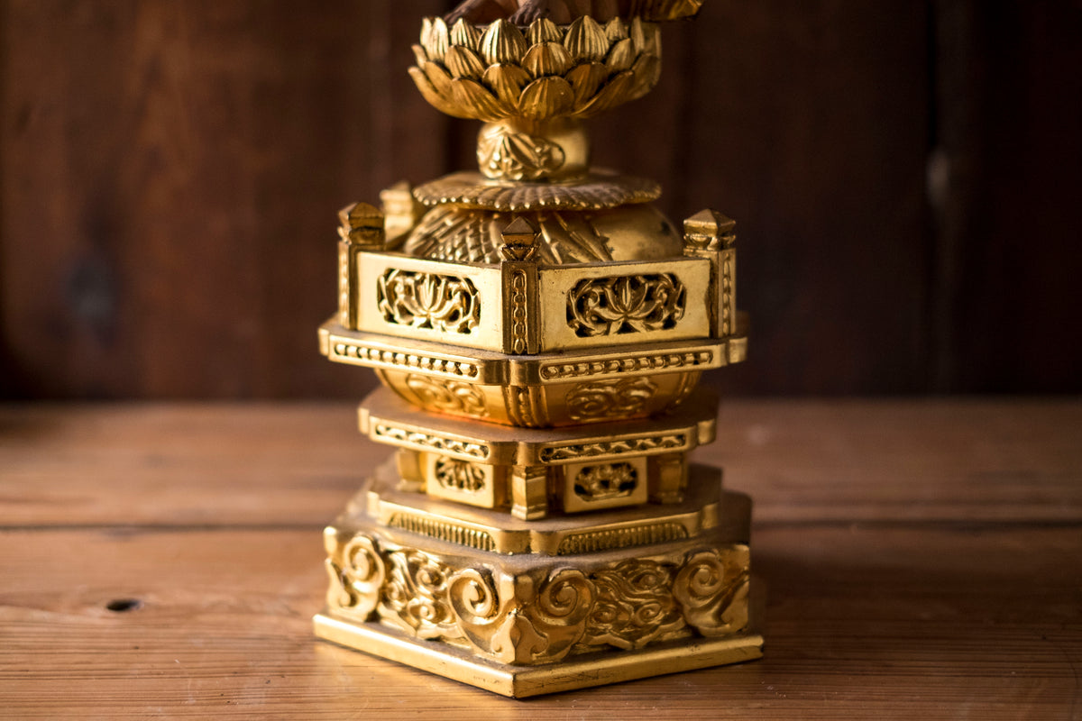 Vintage Japanese Kannon Zushi Shrine Large Gilt Wood Buddhist Altar Cabinet Kannon Bosatsu Lotus Mandorla Statue