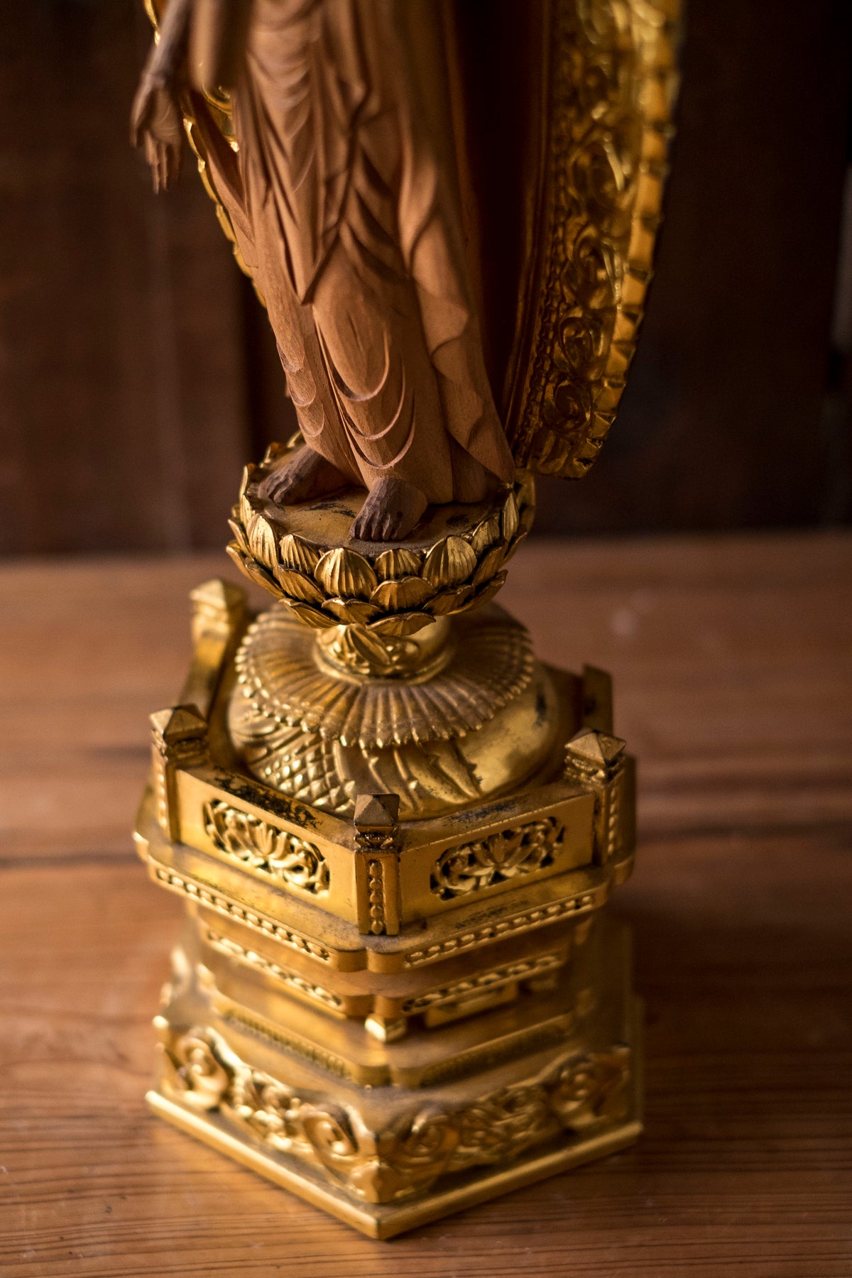 Vintage Japanese Kannon Zushi Shrine Large Gilt Wood Buddhist Altar Cabinet Kannon Bosatsu Lotus Mandorla Statue