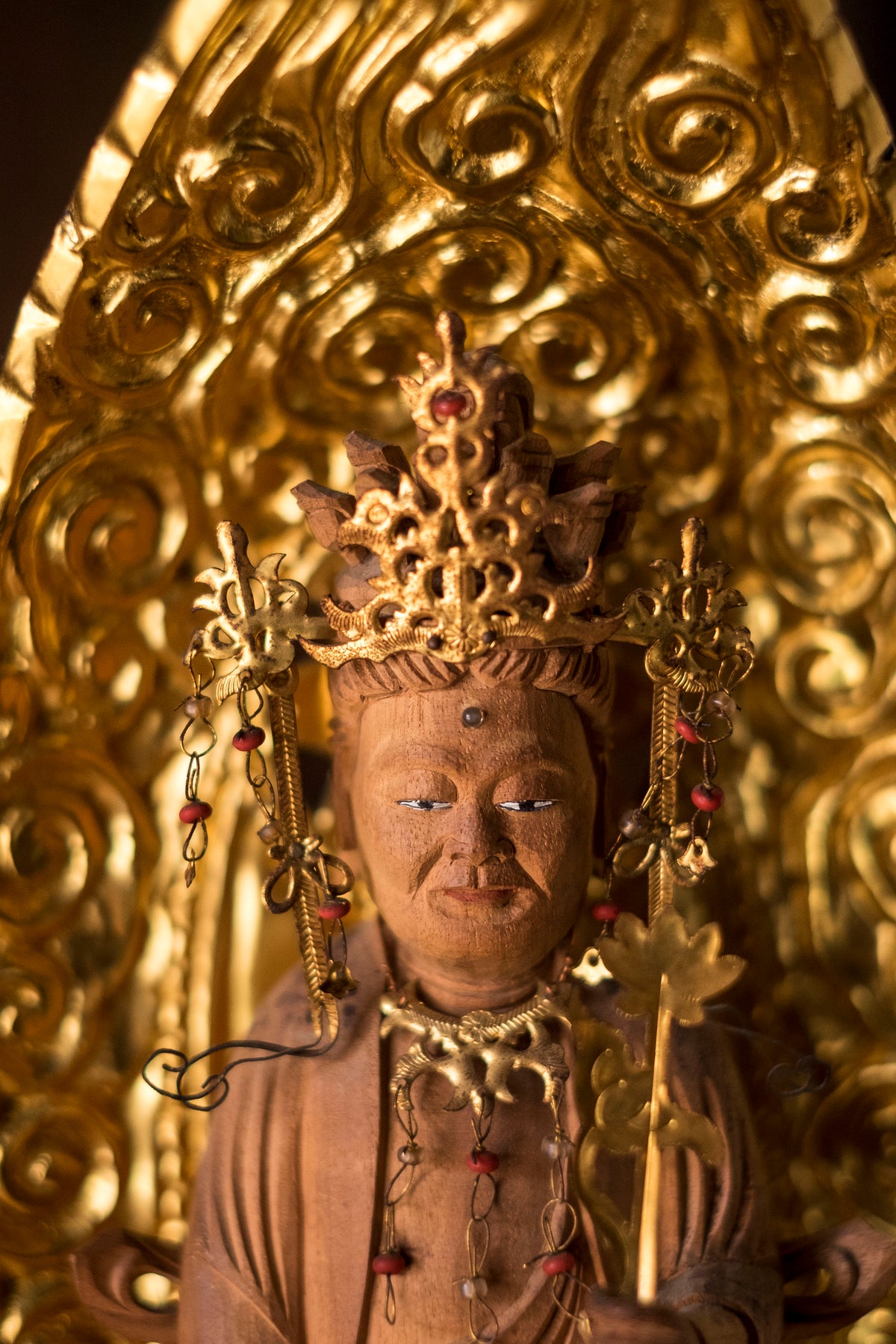Vintage Japanese Kannon Zushi Shrine Large Gilt Wood Buddhist Altar Cabinet Kannon Bosatsu Lotus Mandorla Statue