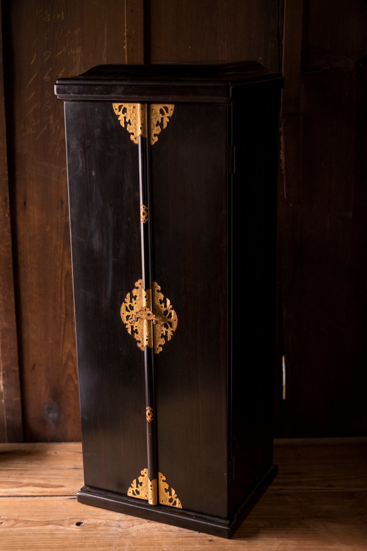 Vintage Japanese Kannon Zushi Shrine Large Gilt Wood Buddhist Altar Cabinet Kannon Bosatsu Lotus Mandorla Statue