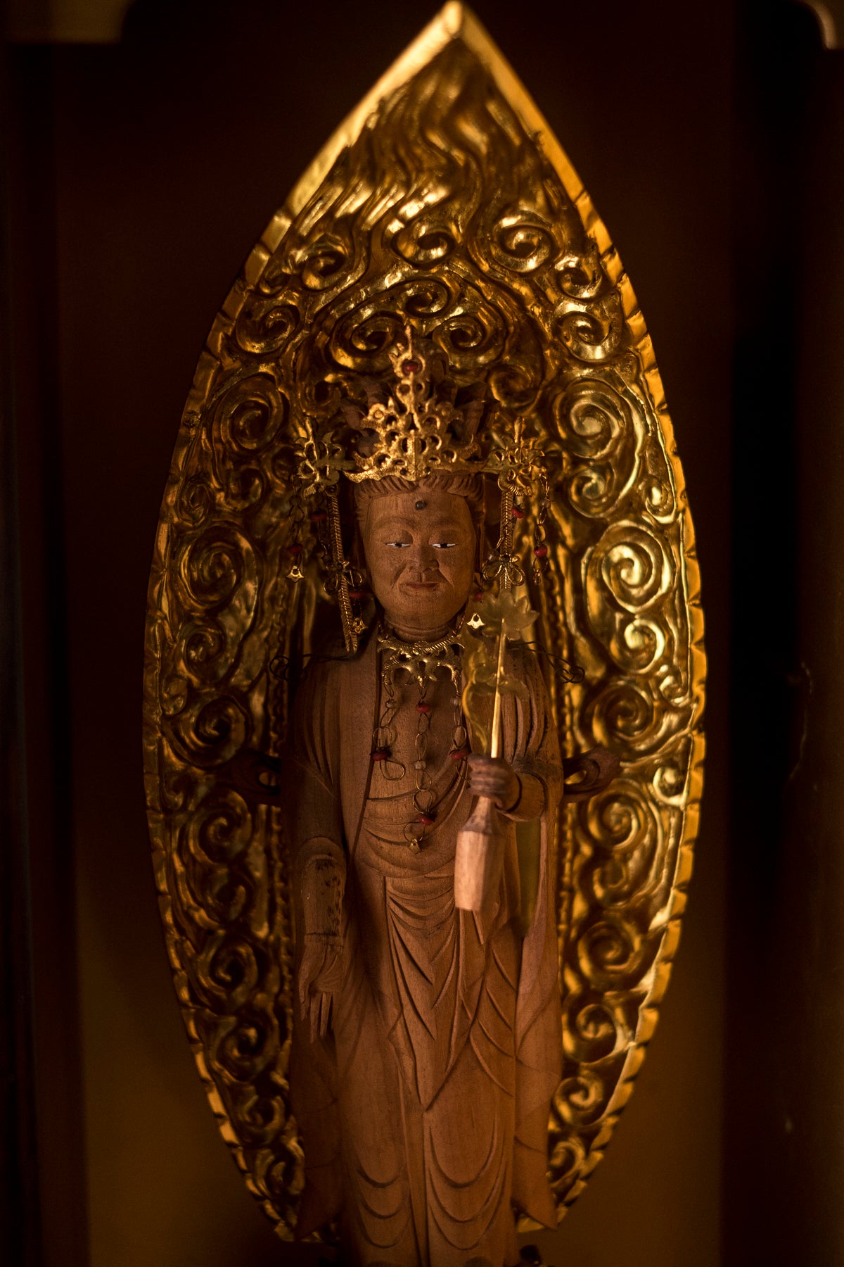 Vintage Japanese Kannon Zushi Shrine Large Gilt Wood Buddhist Altar Cabinet Kannon Bosatsu Lotus Mandorla Statue