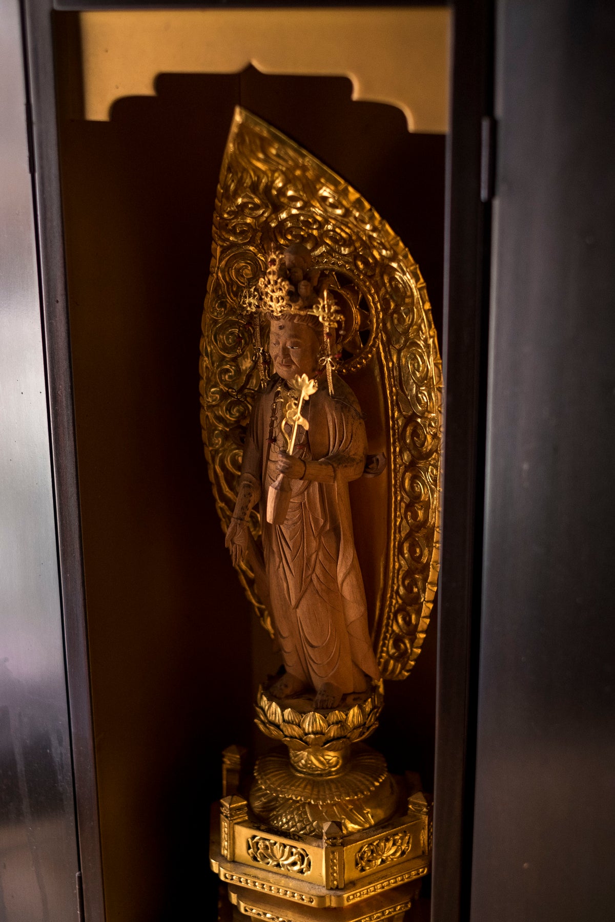 Vintage Japanese Kannon Zushi Shrine Large Gilt Wood Buddhist Altar Cabinet Kannon Bosatsu Lotus Mandorla Statue