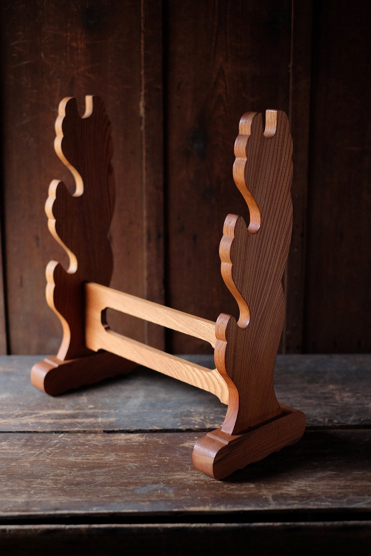 Vintage Japanese Katana Kake Three-Sword Wooden Stand | Samurai Katana Wakizashi Display Rack