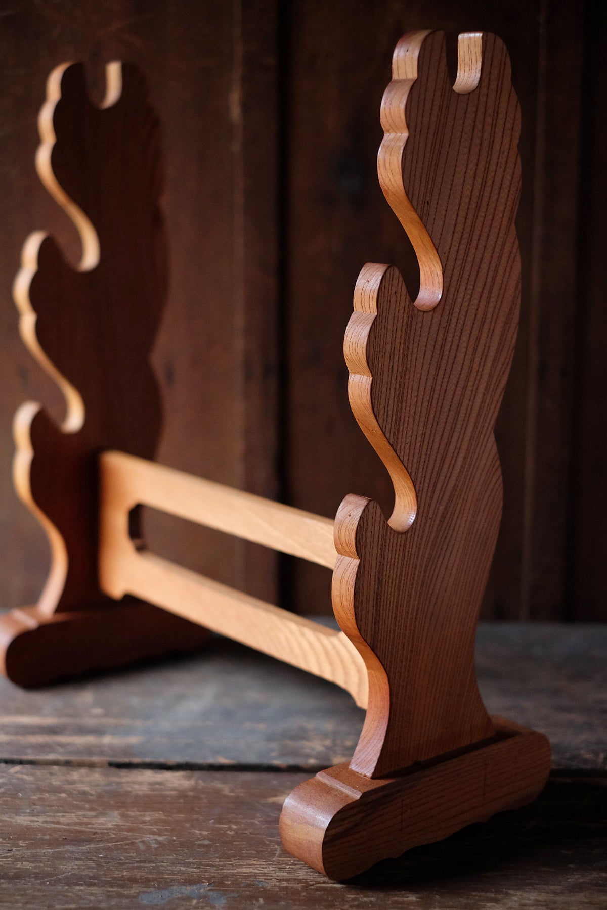 Vintage Japanese Katana Kake Three-Sword Wooden Stand | Samurai Katana Wakizashi Display Rack