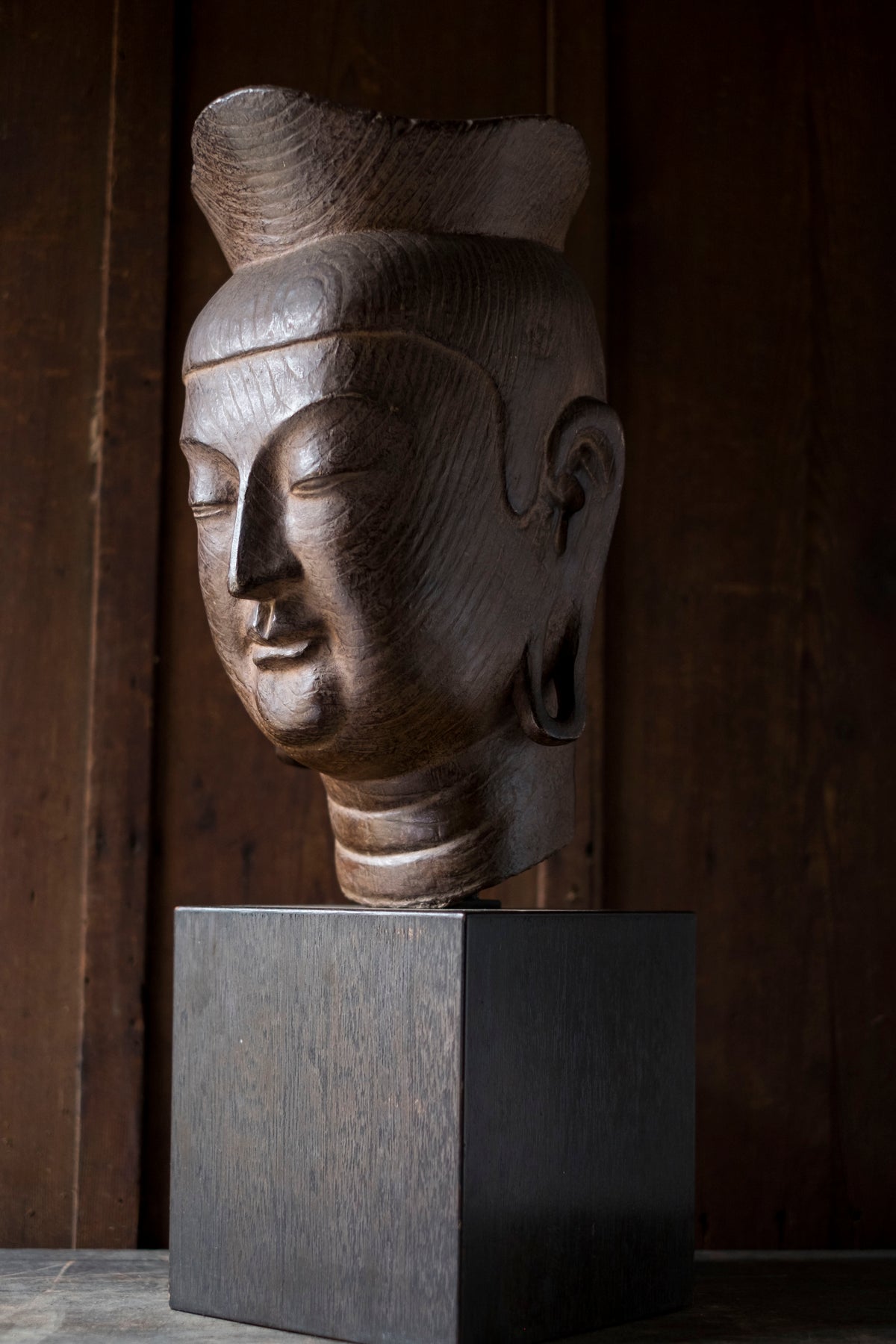 Vintage Japanese Miroku Bosatsu Bust Resin Ceramic Composite Buddha Head Zen Sculpture on Wood Base