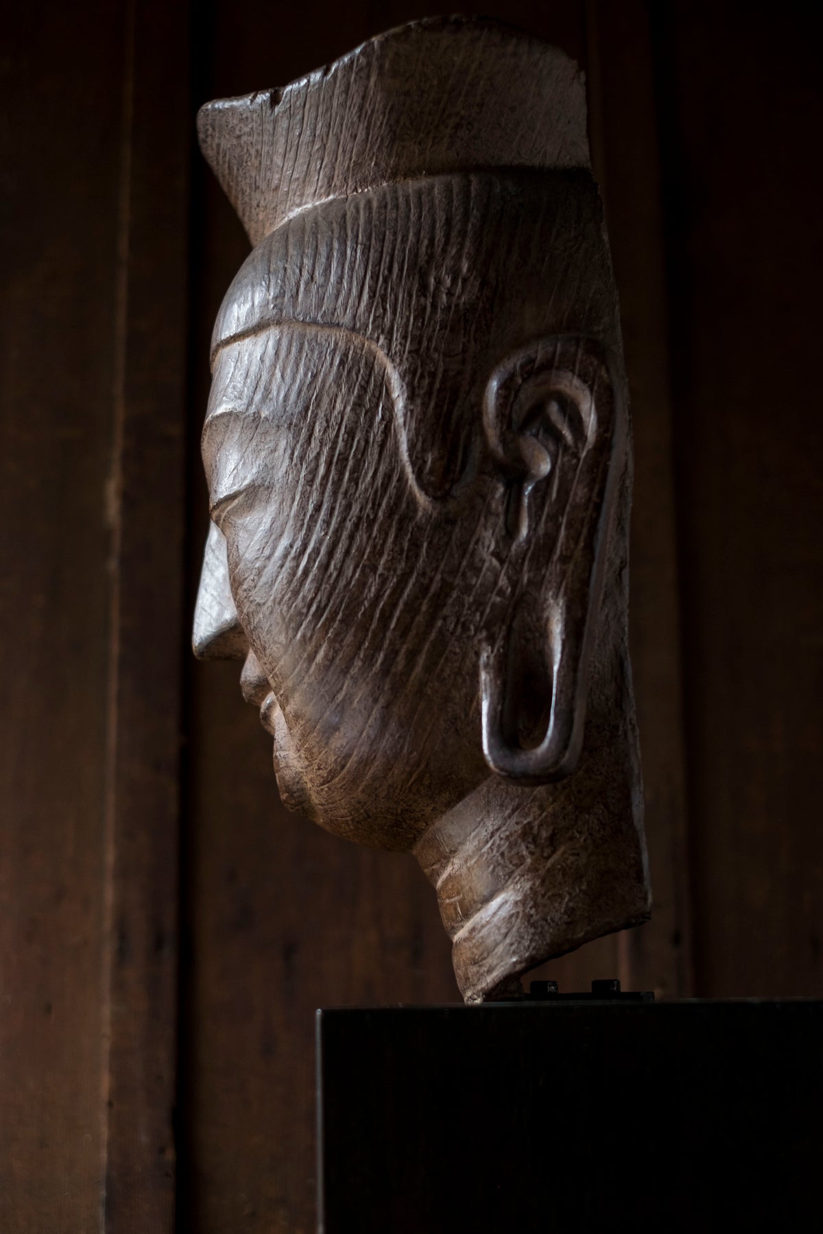 Vintage Japanese Miroku Bosatsu Bust Resin Ceramic Composite Buddha Head Zen Sculpture on Wood Base