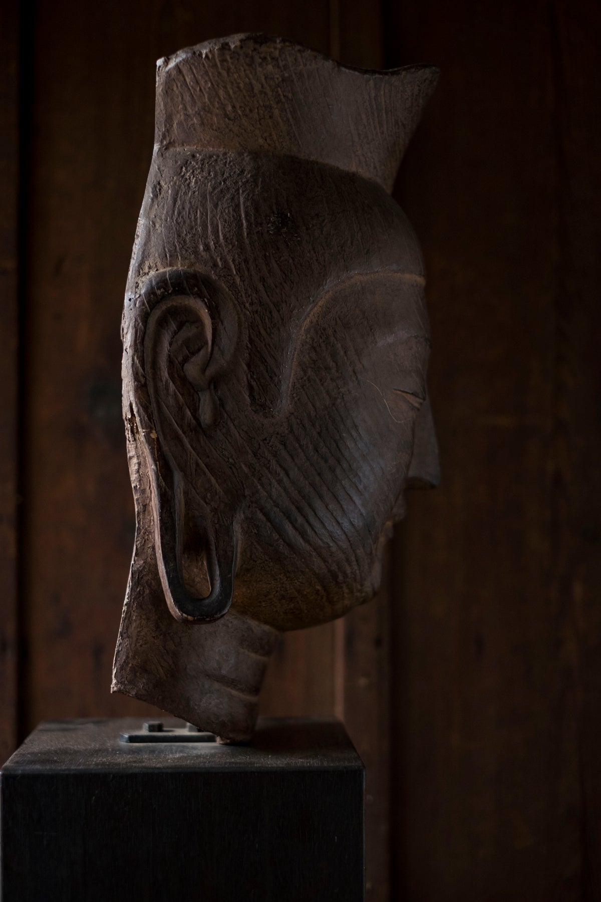 Vintage Japanese Miroku Bosatsu Bust Resin Ceramic Composite Buddha Head Zen Sculpture on Wood Base