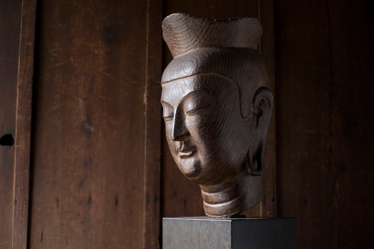 Vintage Japanese Miroku Bosatsu Bust Resin Ceramic Composite Buddha Head Zen Sculpture on Wood Base
