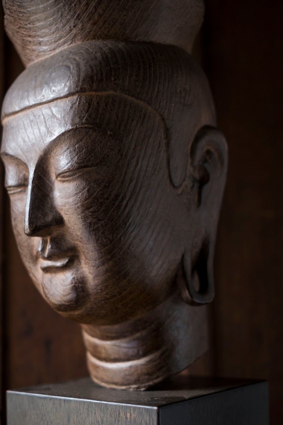 Vintage Japanese Miroku Bosatsu Bust Resin Ceramic Composite Buddha Head Zen Sculpture on Wood Base