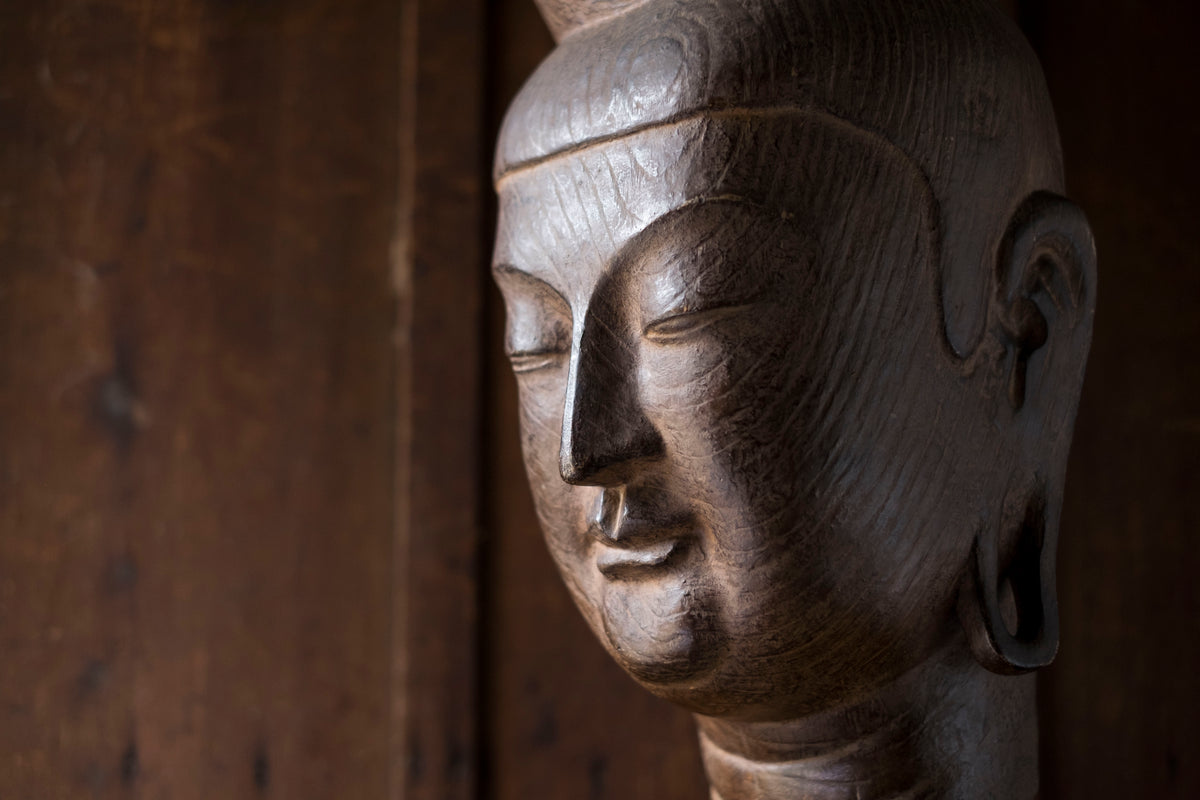 Vintage Japanese Miroku Bosatsu Bust Resin Ceramic Composite Buddha Head Zen Sculpture on Wood Base