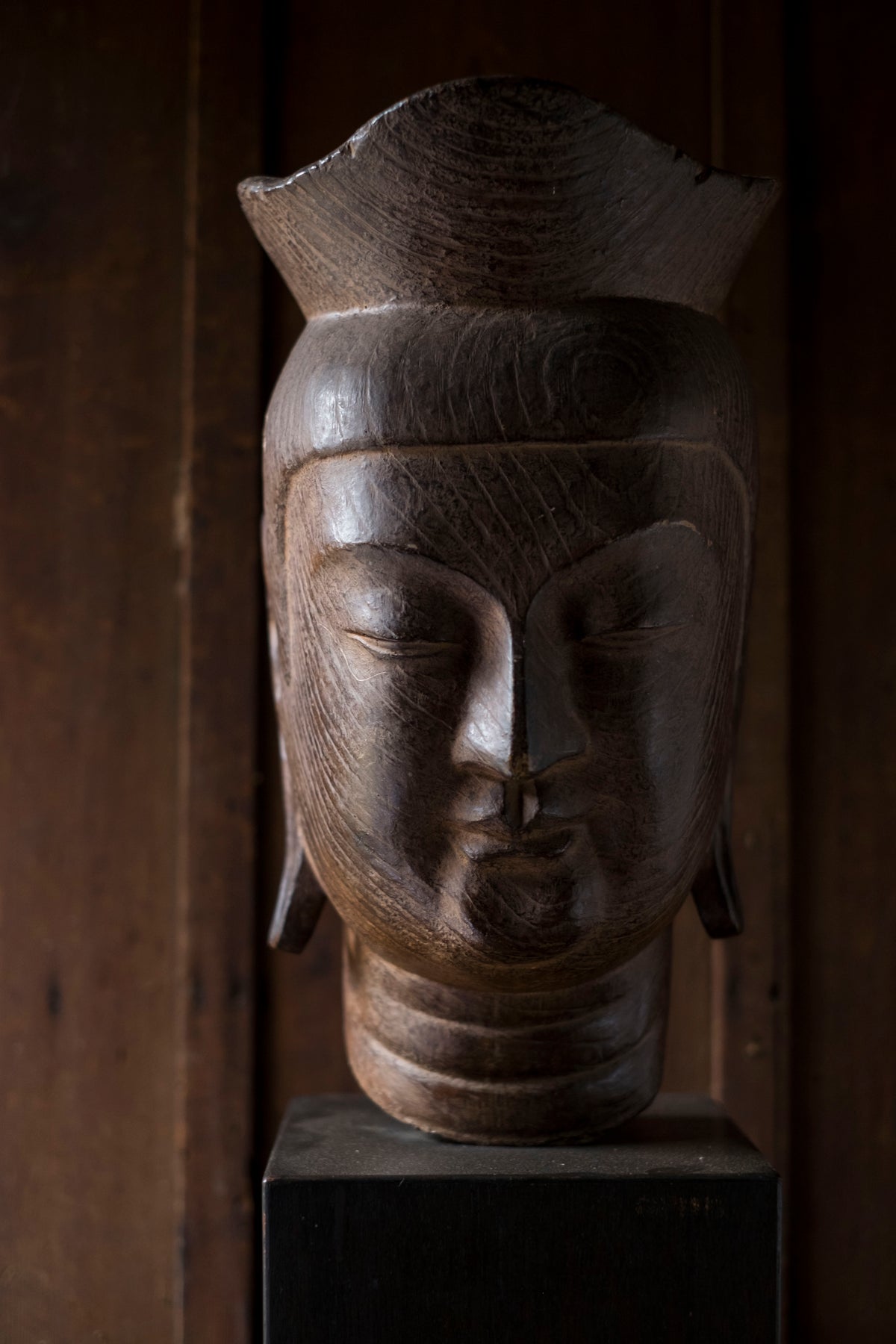 Vintage Japanese Miroku Bosatsu Bust Resin Ceramic Composite Buddha Head Zen Sculpture on Wood Base