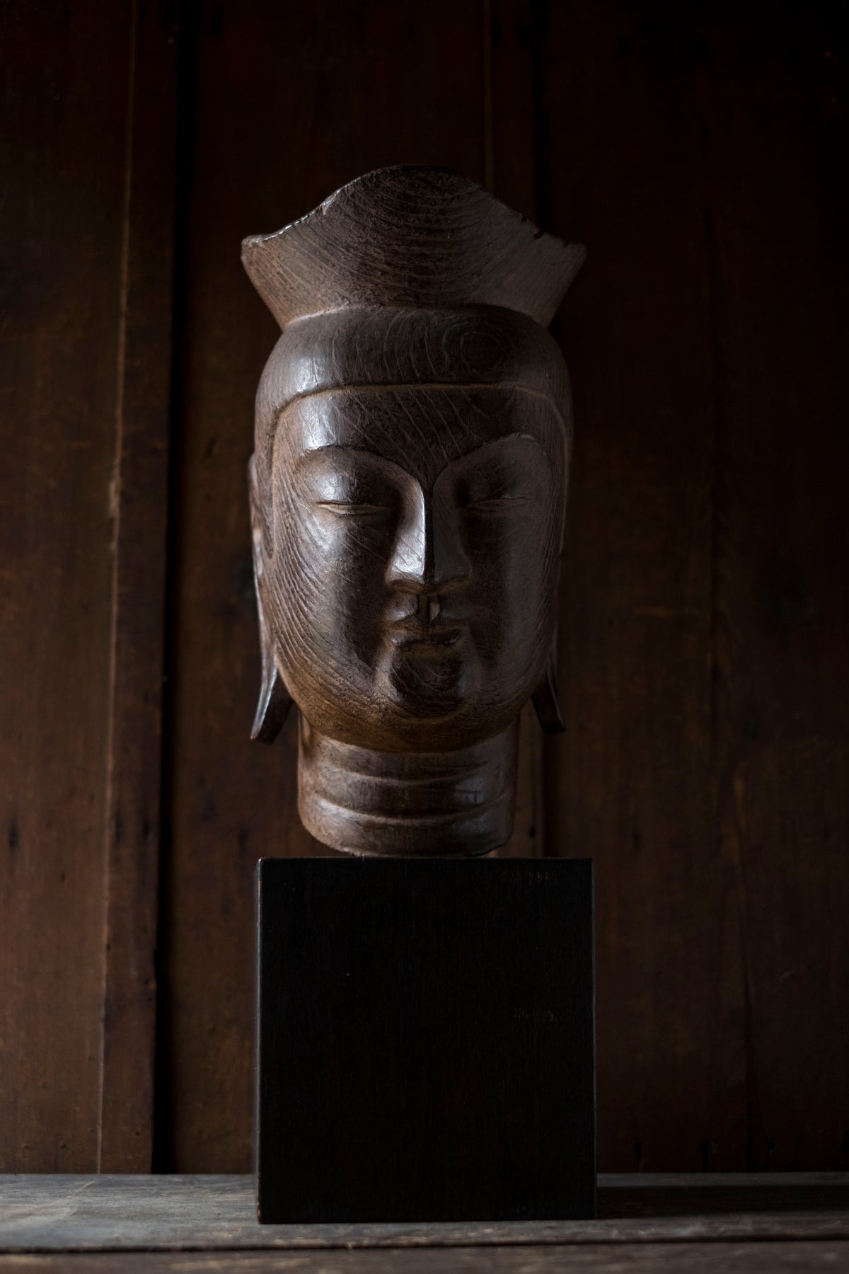 Vintage Japanese Miroku Bosatsu Bust Resin Ceramic Composite Buddha Head Zen Sculpture on Wood Base