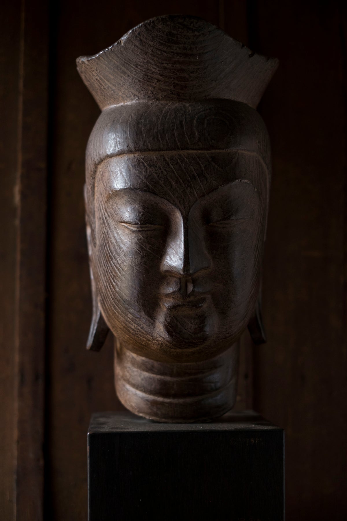Vintage Japanese Miroku Bosatsu Bust Resin Ceramic Composite Buddha Head Zen Sculpture on Wood Base