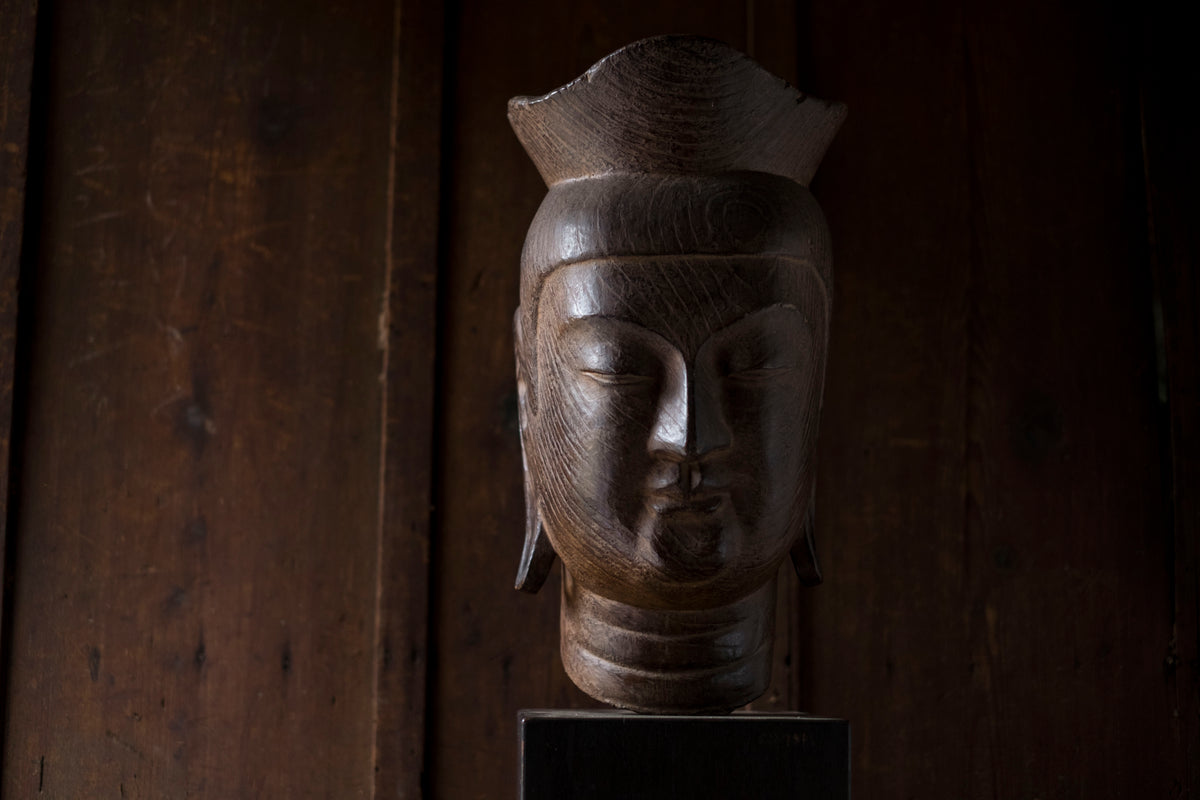 Vintage Japanese Miroku Bosatsu Bust Resin Ceramic Composite Buddha Head Zen Sculpture on Wood Base