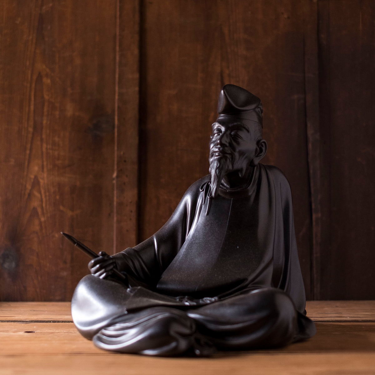 Large Japanese Bronze Kakinomoto no Hitomaro Poet Statue | Taisho Scholar Okimono Writing Brush Literary Art