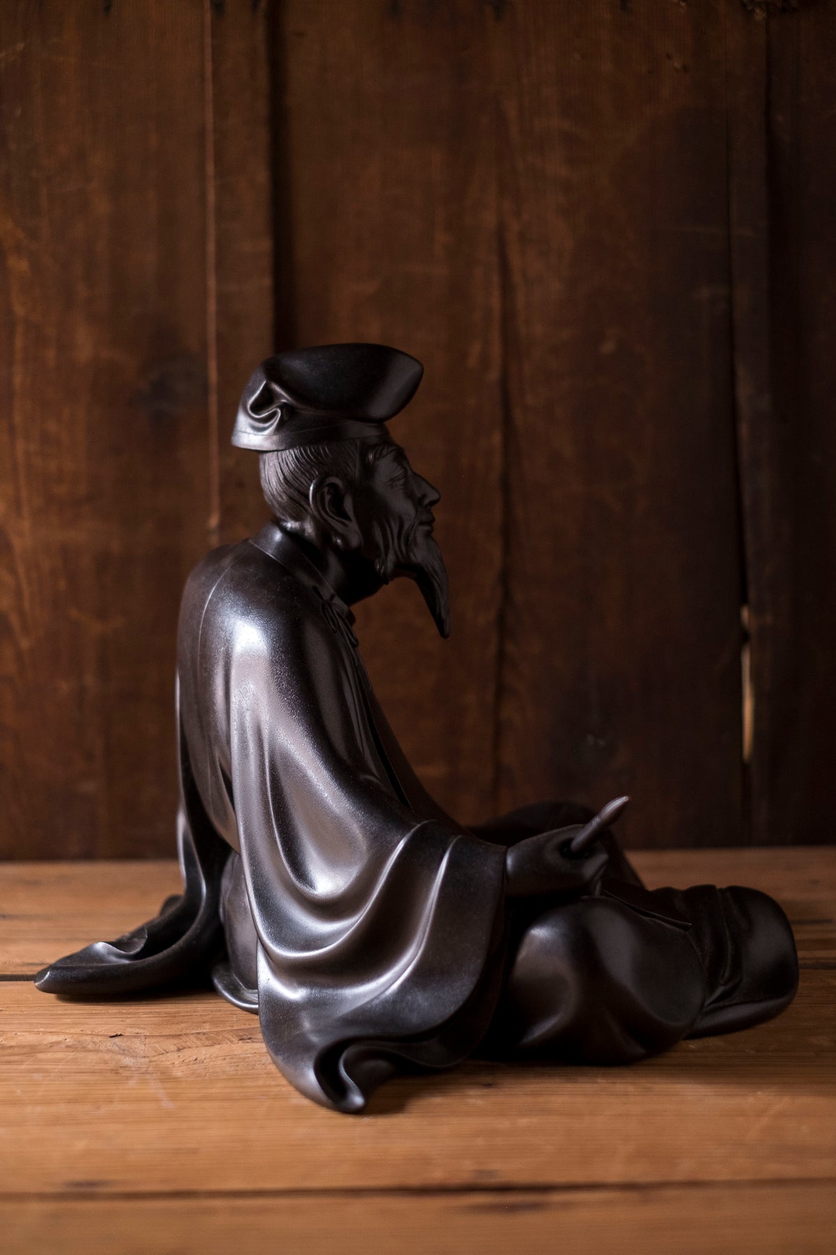 Large Japanese Bronze Kakinomoto no Hitomaro Poet Statue | Taisho Scholar Okimono Writing Brush Literary Art