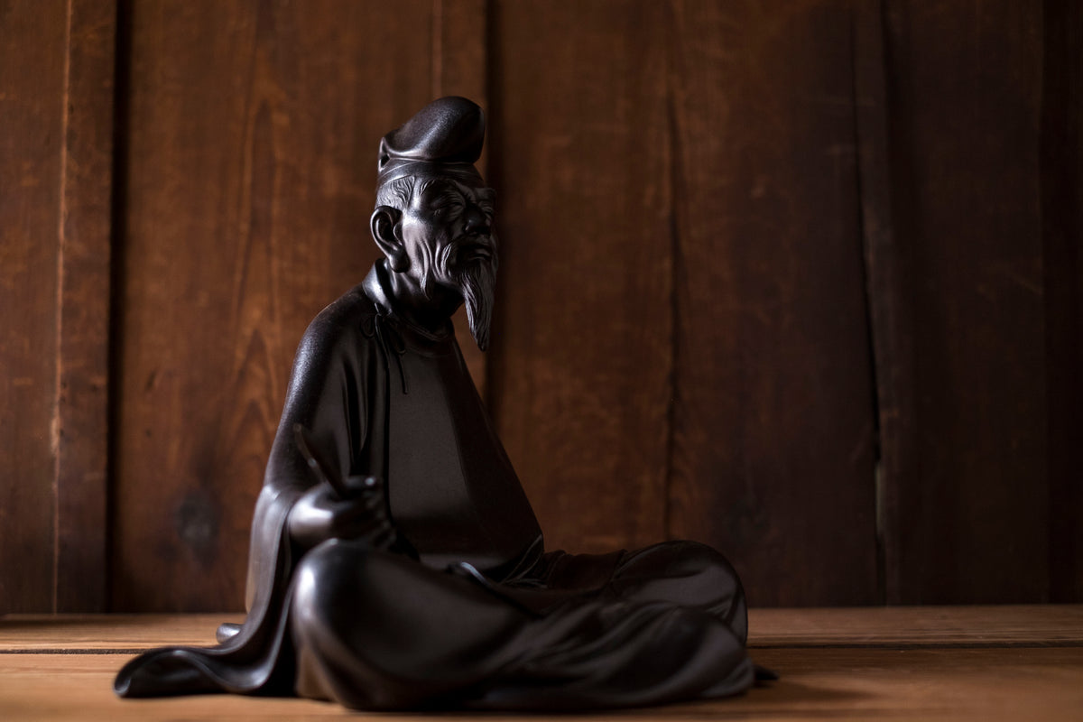 Large Japanese Bronze Kakinomoto no Hitomaro Poet Statue | Taisho Scholar Okimono Writing Brush Literary Art