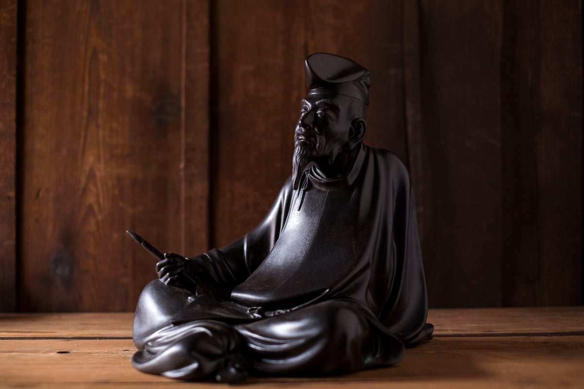 Large Japanese Bronze Kakinomoto no Hitomaro Poet Statue | Taisho Scholar Okimono Writing Brush Literary Art