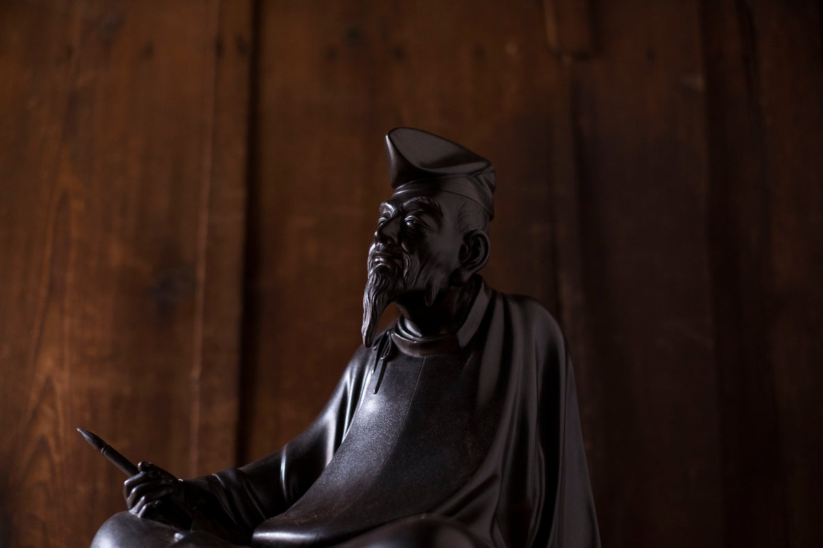 Large Japanese Bronze Kakinomoto no Hitomaro Poet Statue | Taisho Scholar Okimono Writing Brush Literary Art