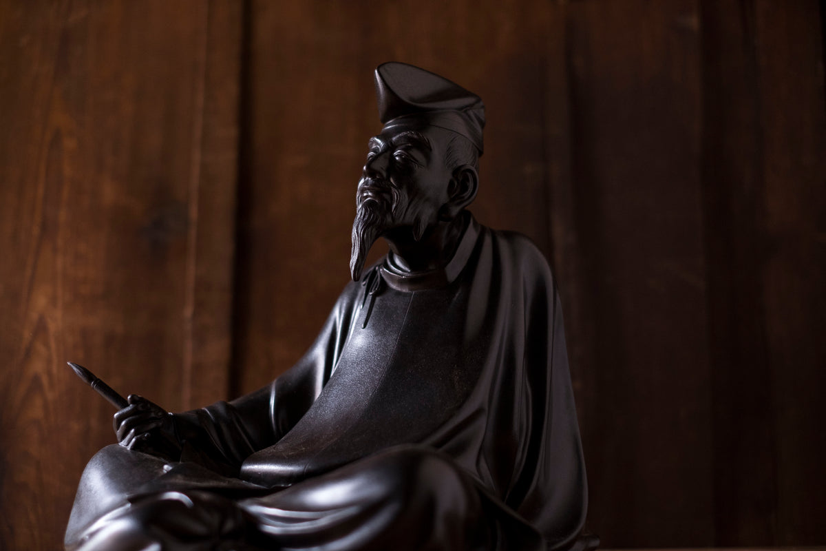Large Japanese Bronze Kakinomoto no Hitomaro Poet Statue | Taisho Scholar Okimono Writing Brush Literary Art