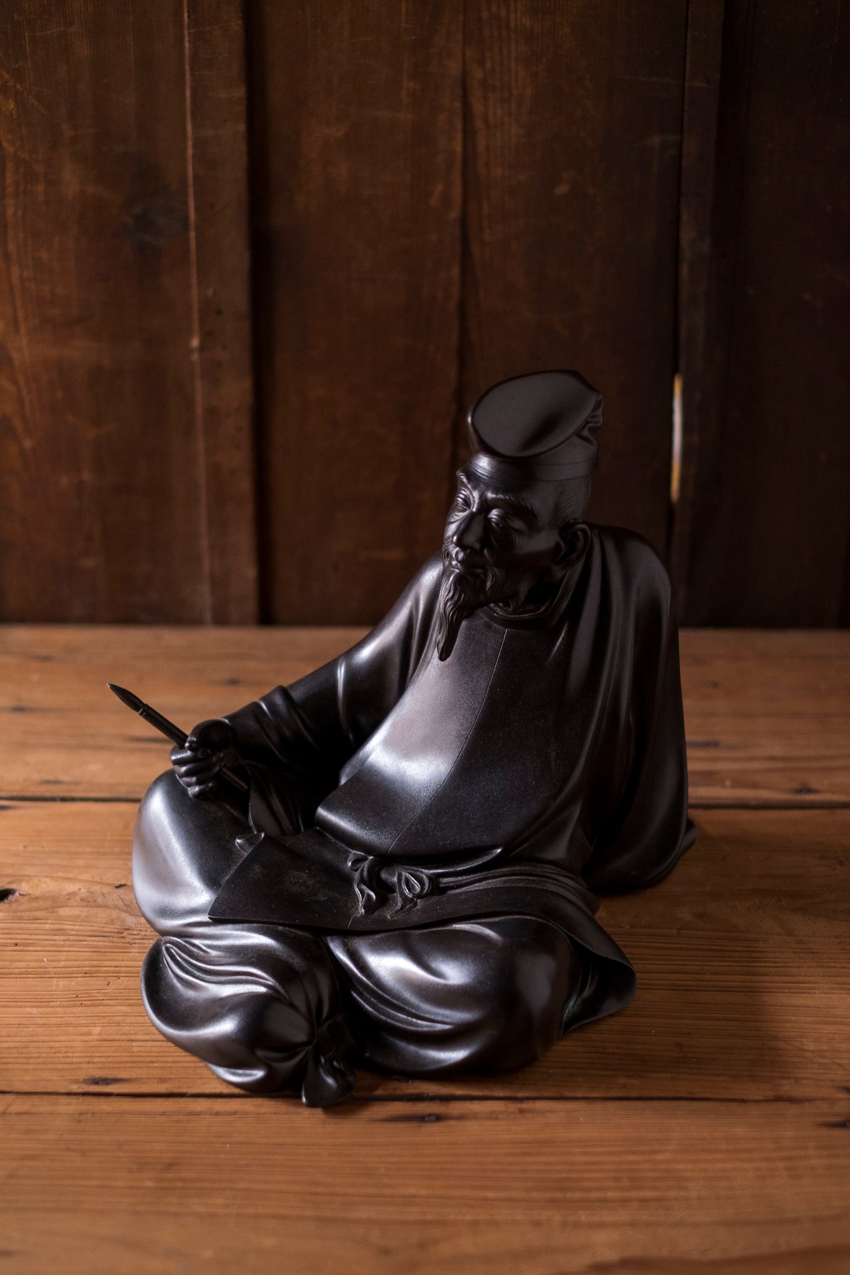 Large Japanese Bronze Kakinomoto no Hitomaro Poet Statue | Taisho Scholar Okimono Writing Brush Literary Art