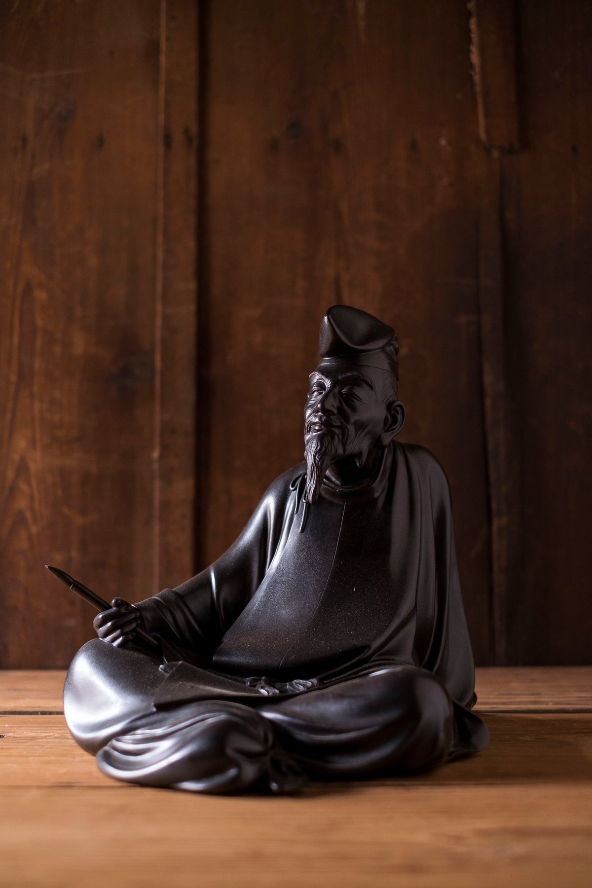 Large Japanese Bronze Kakinomoto no Hitomaro Poet Statue | Taisho Scholar Okimono Writing Brush Literary Art