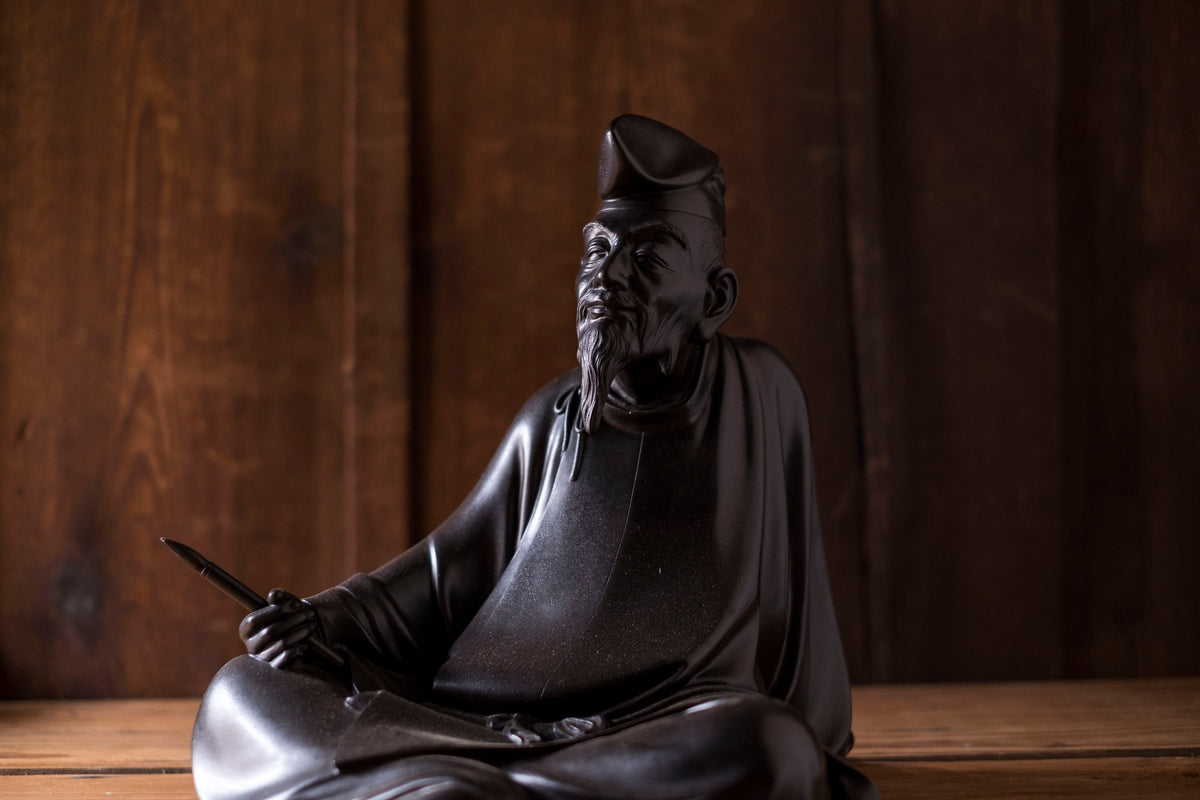 Large Japanese Bronze Kakinomoto no Hitomaro Poet Statue | Taisho Scholar Okimono Writing Brush Literary Art
