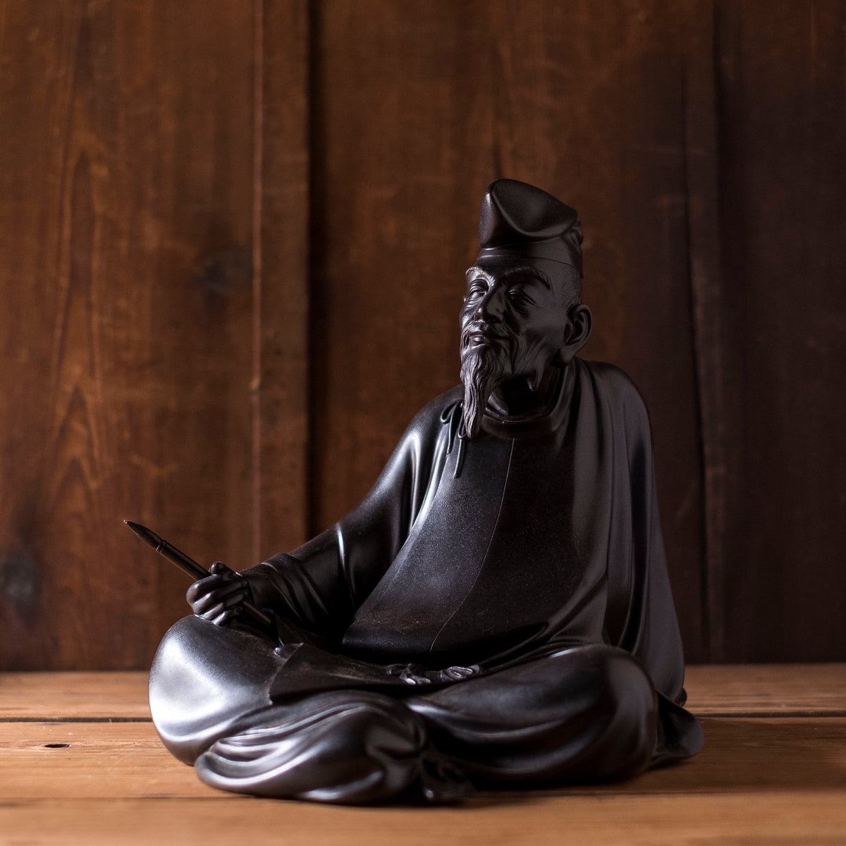 Large Japanese Bronze Kakinomoto no Hitomaro Poet Statue | Taisho Scholar Okimono Writing Brush Literary Art