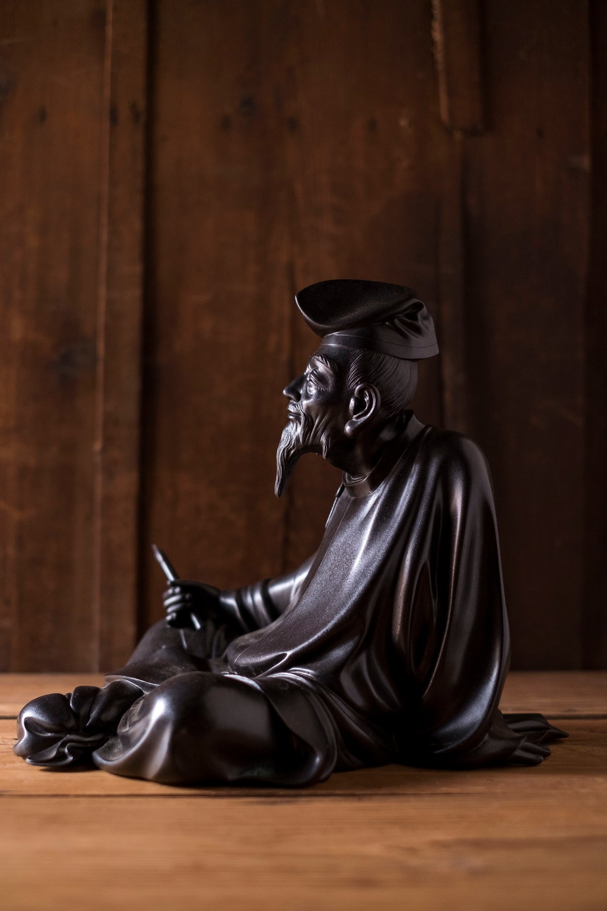 Large Japanese Bronze Kakinomoto no Hitomaro Poet Statue | Taisho Scholar Okimono Writing Brush Literary Art