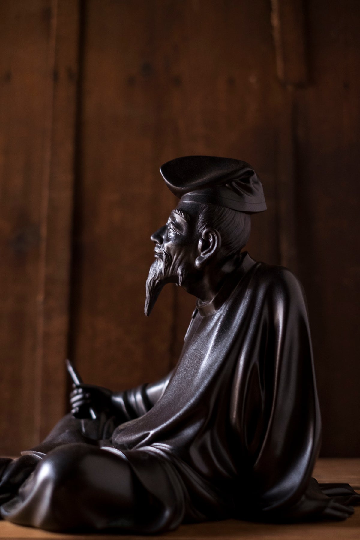 Large Japanese Bronze Kakinomoto no Hitomaro Poet Statue | Taisho Scholar Okimono Writing Brush Literary Art