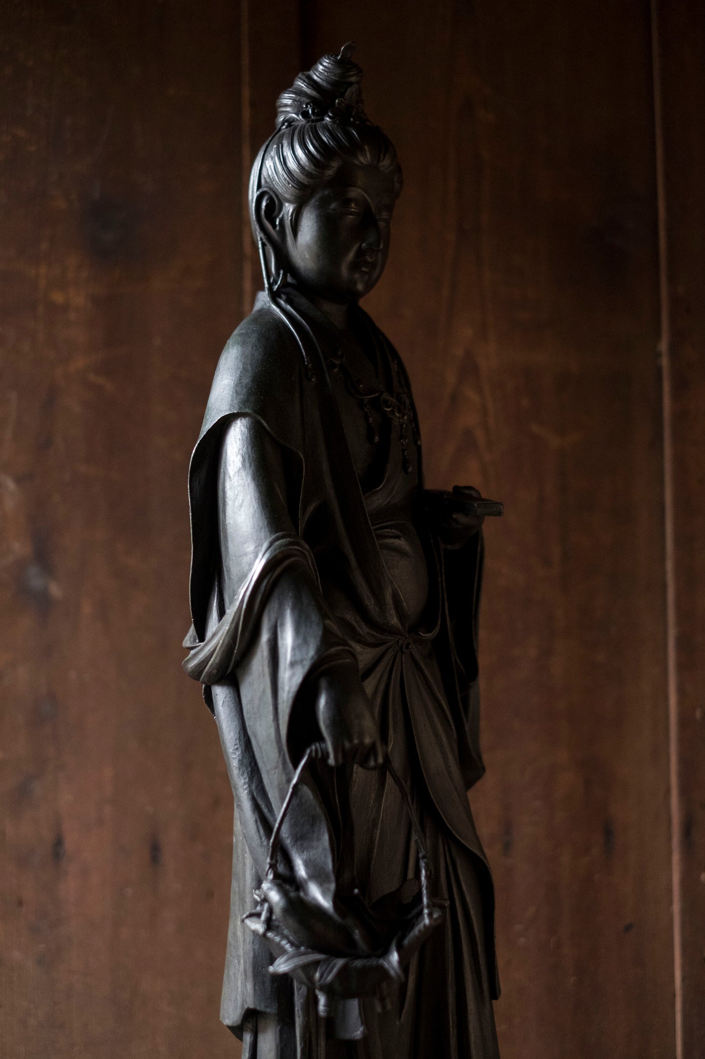 Large Fine Bronze Japanese Buddhist Kannon Sama Gyoran Fishing Abundance God Standing Statue