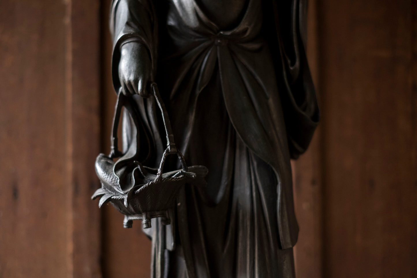 Large Fine Bronze Japanese Buddhist Kannon Sama Gyoran Fishing Abundance God Standing Statue