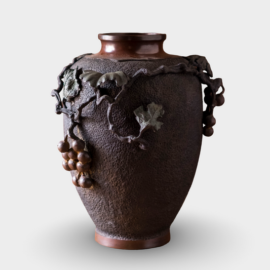 Antique Japanese Bronze Ikebana Vase | Meiji Usubata with Grape Vine Motif | Art Bronze
