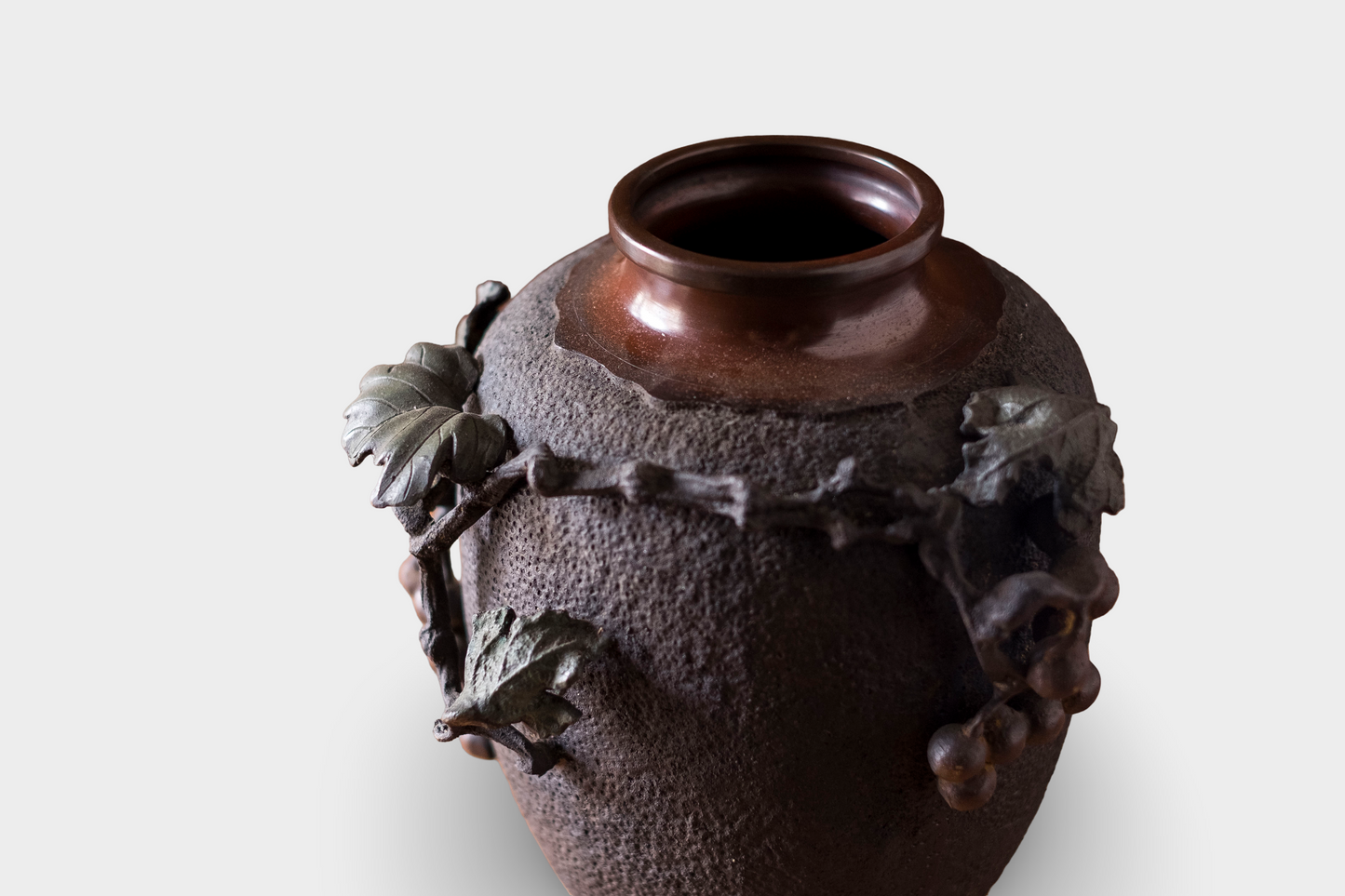 Antique Japanese Bronze Ikebana Vase | Meiji Usubata with Grape Vine Motif | Art Bronze