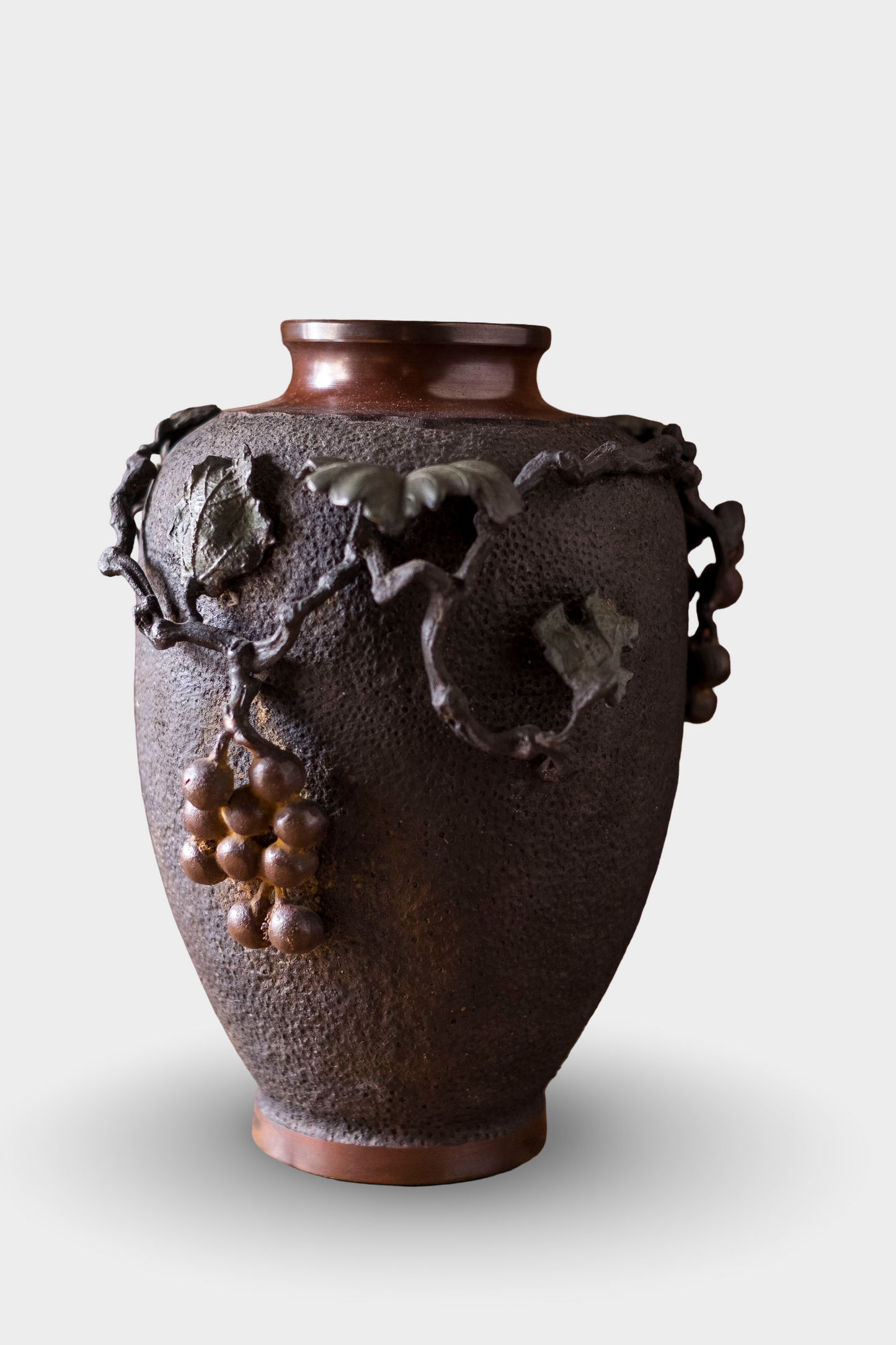 Antique Japanese Bronze Ikebana Vase | Meiji Usubata with Grape Vine Motif | Art Bronze