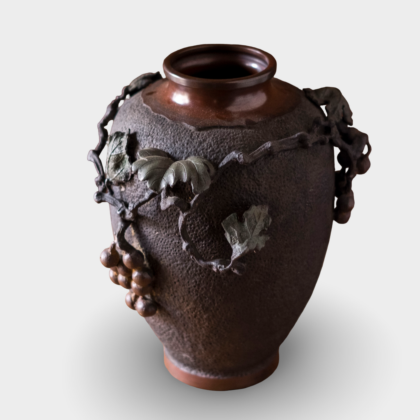 Antique Japanese Bronze Ikebana Vase | Meiji Usubata with Grape Vine Motif | Art Bronze
