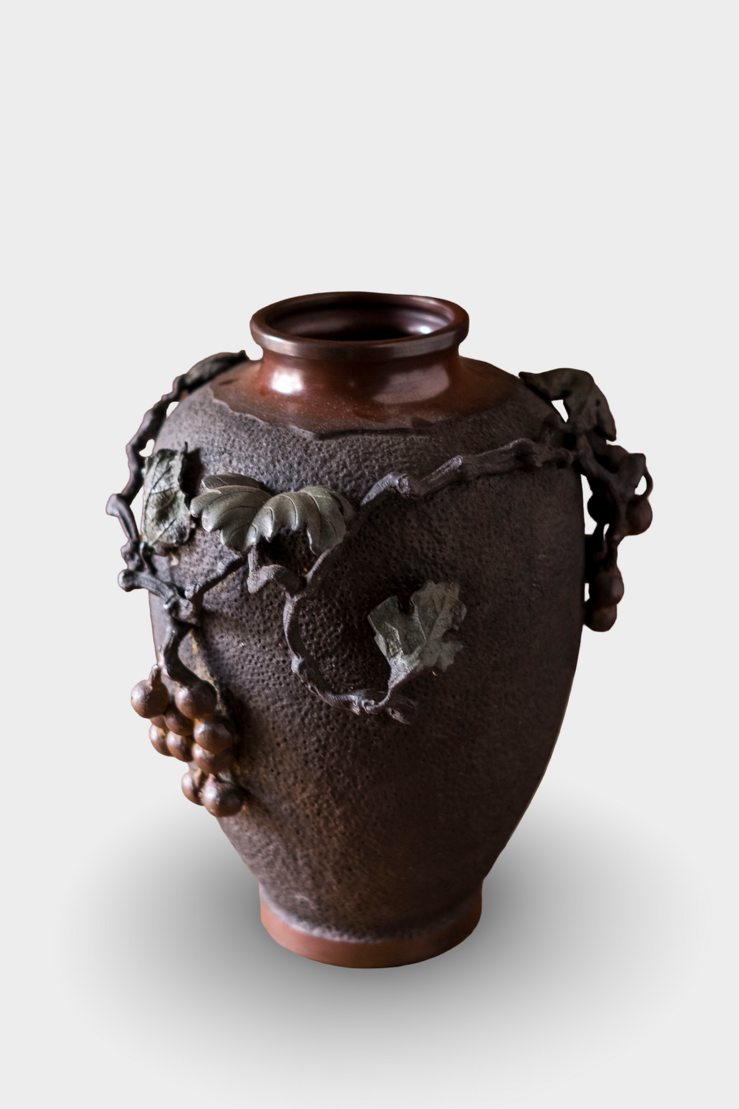 Antique Japanese Bronze Ikebana Vase | Meiji Usubata with Grape Vine Motif | Art Bronze