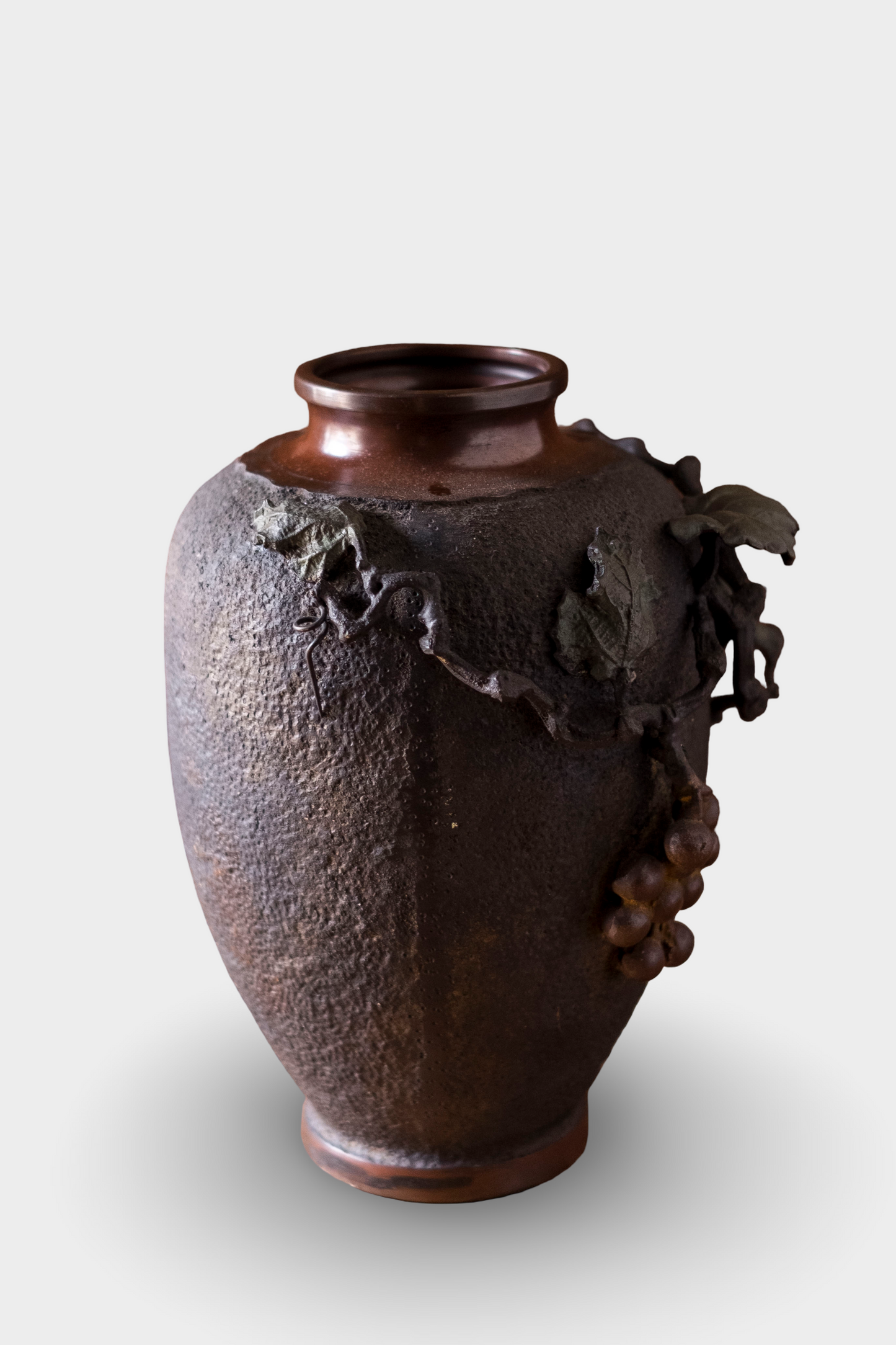 Antique Japanese Bronze Ikebana Vase | Meiji Usubata with Grape Vine Motif | Art Bronze