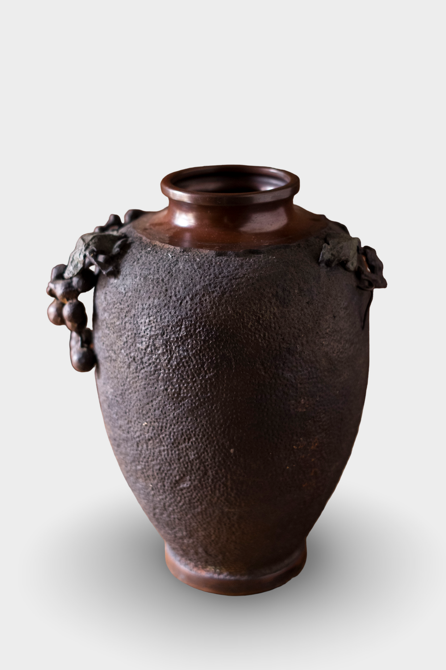Antique Japanese Bronze Ikebana Vase | Meiji Usubata with Grape Vine Motif | Art Bronze