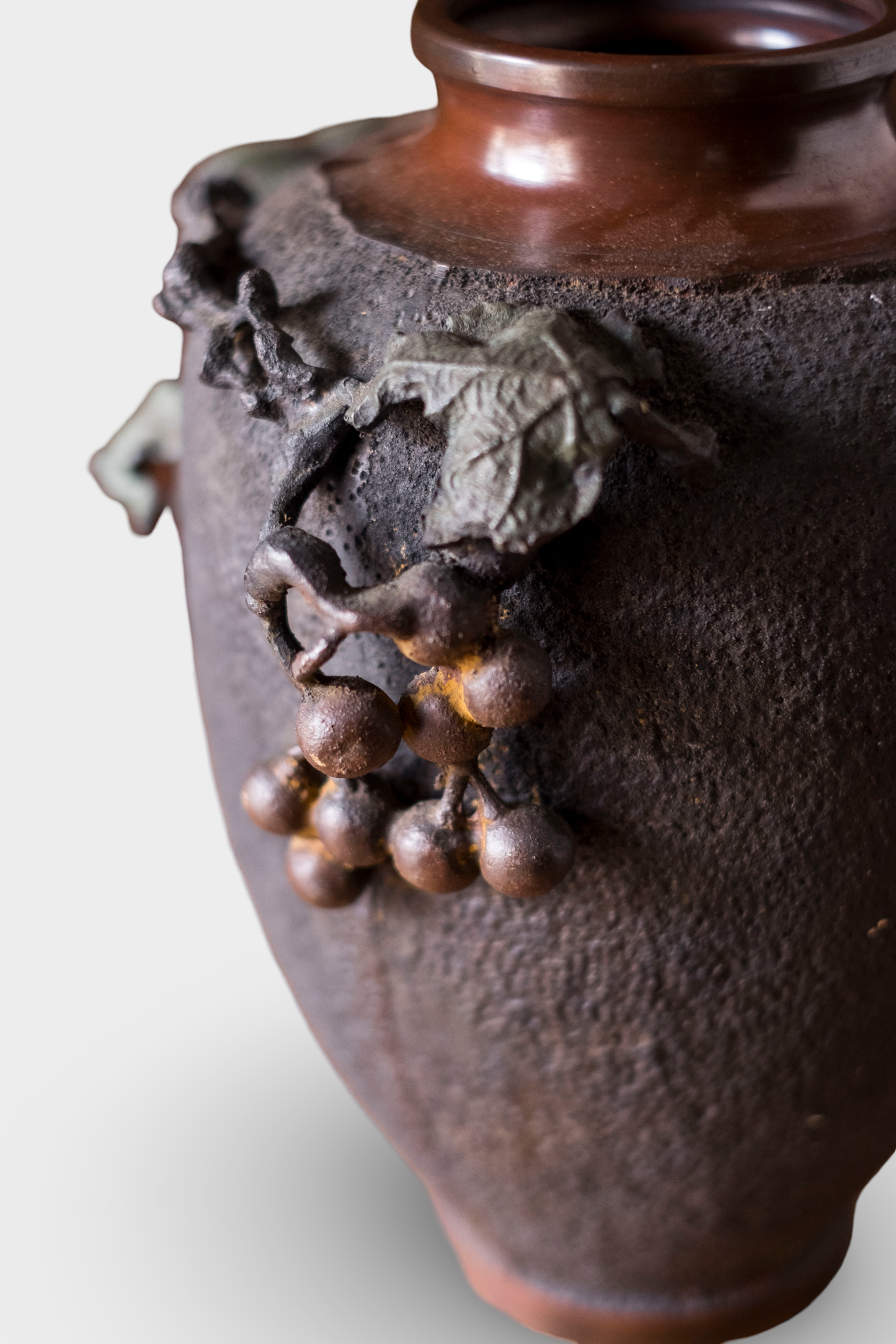 Antique Japanese Bronze Ikebana Vase | Meiji Usubata with Grape Vine Motif | Art Bronze