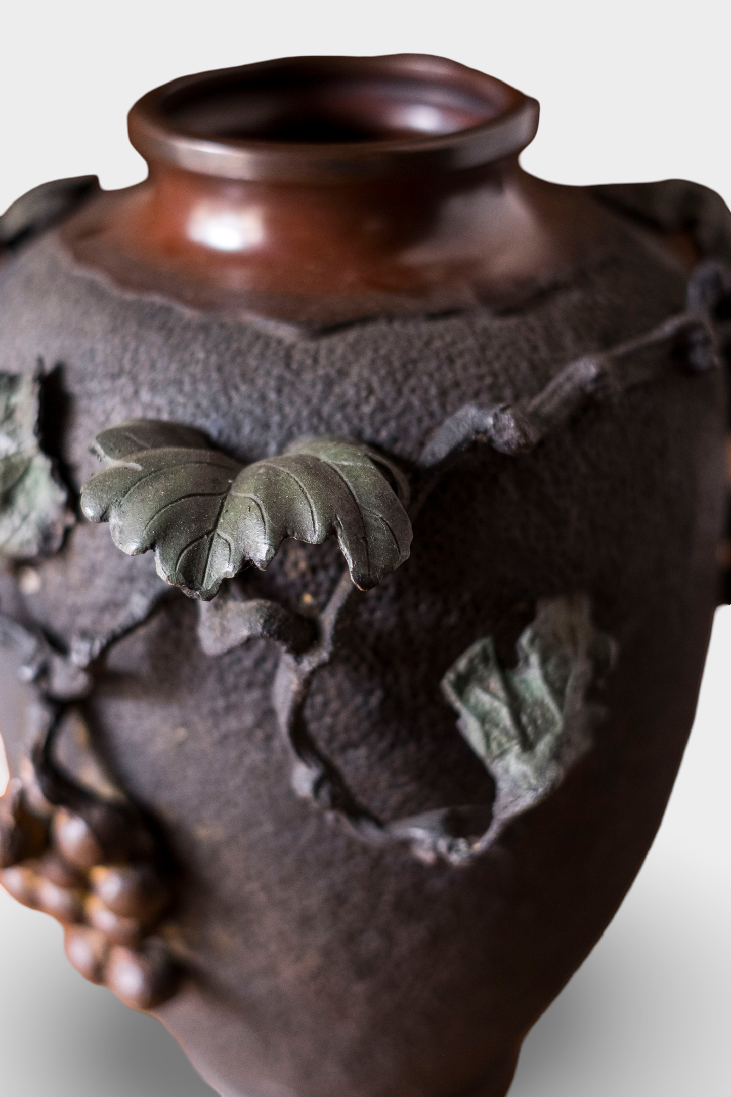 Antique Japanese Bronze Ikebana Vase | Meiji Usubata with Grape Vine Motif | Art Bronze