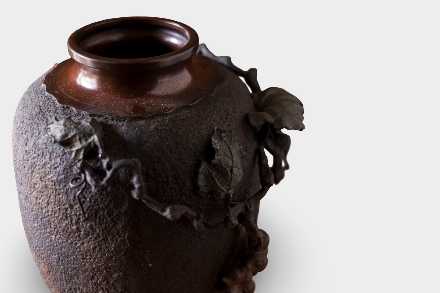 Antique Japanese Bronze Ikebana Vase | Meiji Usubata with Grape Vine Motif | Art Bronze