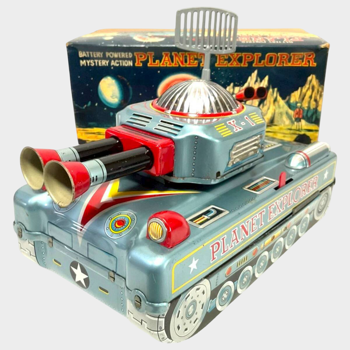 ALPS “PLANET EXPLORER” Tin Space Tank — Boxed, Battery-Powered Mystery Action Vehicle (~30 cm, Showa Japan)